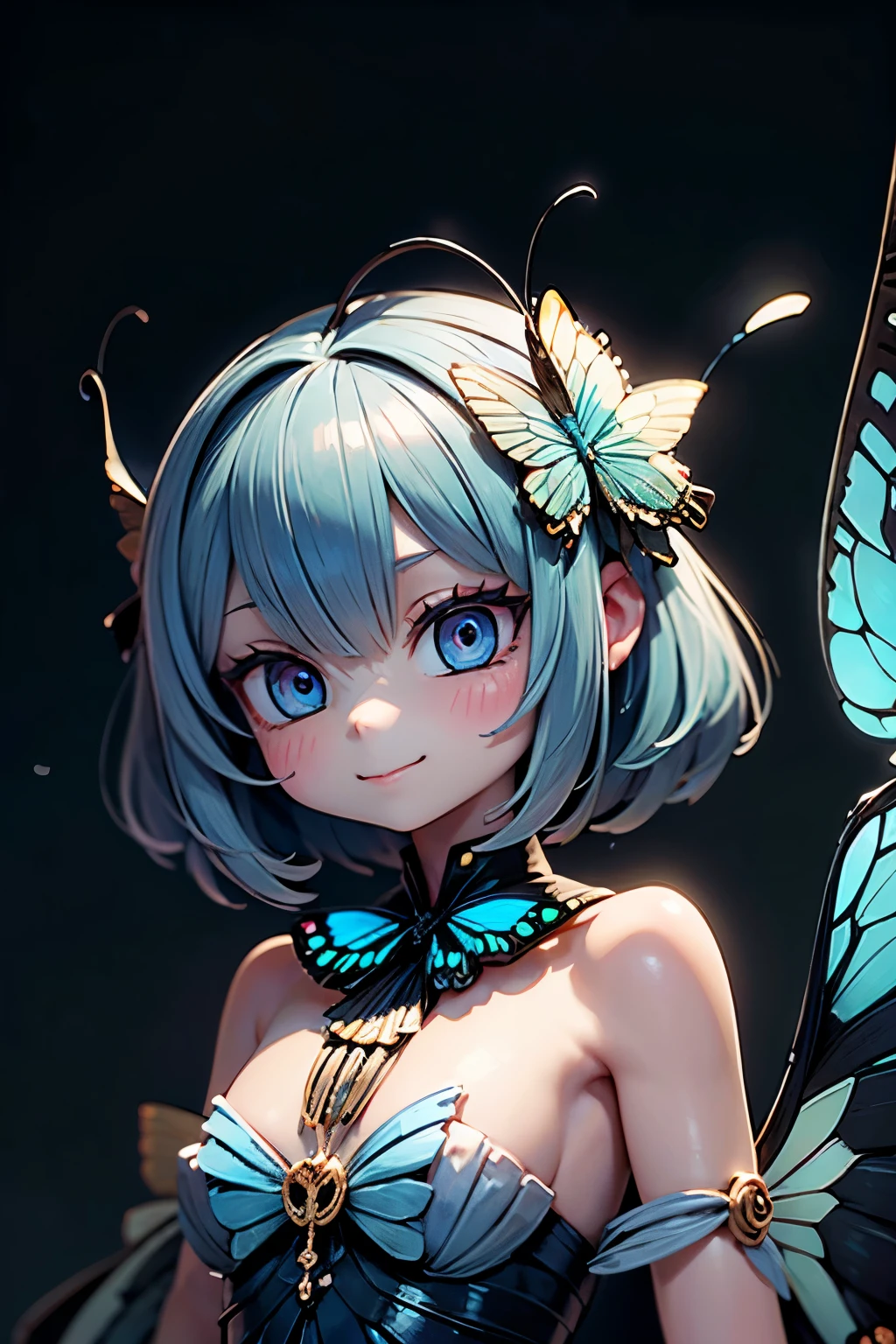 solo, female 1 person\(cute, cute,small ,Skin color is white,Light Blue Shortcut Hair,(smiling at the flag:1.2),(Big Morpho Butterfly Feather Hair:1.7),hologram colored dress\(  beautiful race  \),(Hologram Blue Eyes:1.5),(Two butterfly antennae on the hair:1.2),big cute smile,[ butterfly wings on the back  :2.0],[Butterfly wings on the body:2.0],[Butterfly Wings:2.0],[surplus arms],Butterfly Wingsは毛の部分にのみある\),background\( Dapple Sunlight ,  beautiful forest,\),quality\(8k,Very Well DetailedCGユニットのwallpaper, masterpiece,high resolution,top-quality,top-quality real texture skin,Surrealism,increase resolution,RAW photo,最高のquality,Very Well Detailed,wallpaper,  movie light,  Raytrace  ,  golden ratio,\),close-up face