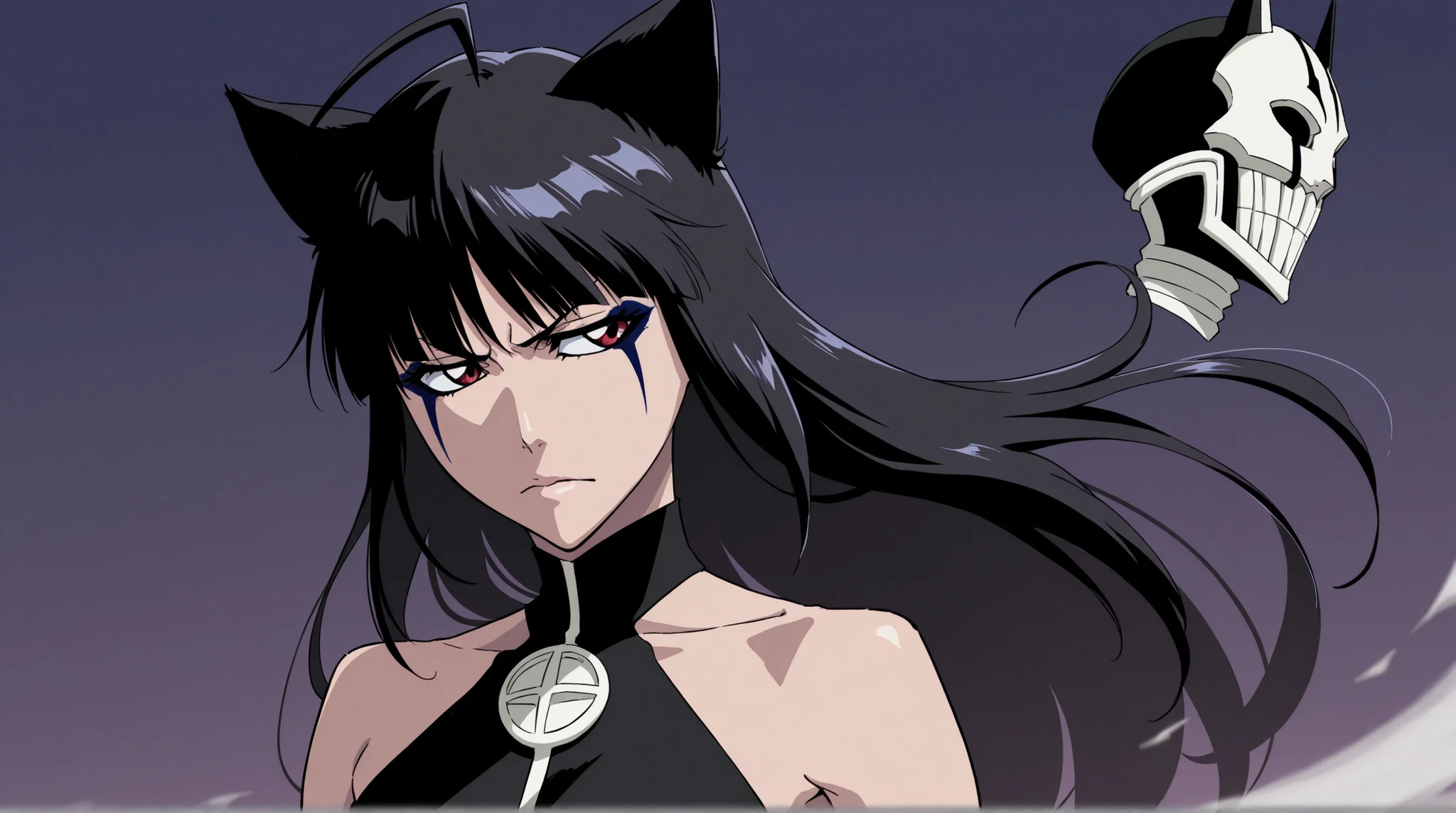 1 girl, solo, (cat girl, cat black ears)), (red eyes), (long hair), (( black hair, (Ahoge), straight bangs,), vasto lady, Bleach anime, hueco, Oscura, shinigami, hueco Mask, pose de batalla, pose dinamica, medium shoot, mascara de hollow en la cara de la chica estilo ichigo,