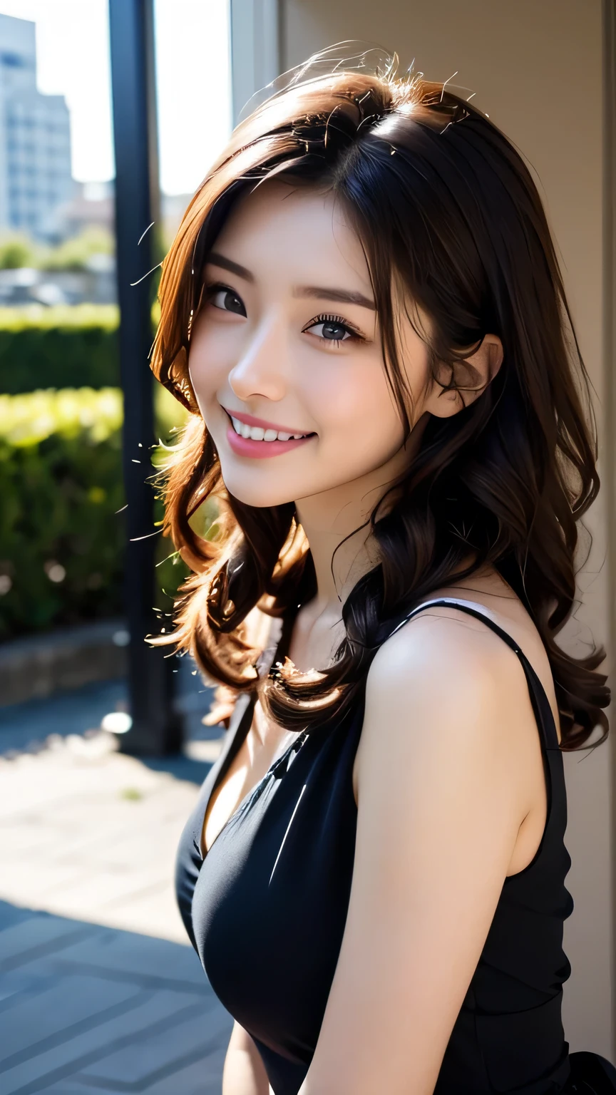 Produce the highest quality and highest resolution 8K images。The model is a 20-year-old Japanese woman.。The image depicts a person smiling at the camera and taking a commemorative photo at a tourist spot.。Draw the whole body of the model。She has brown eyes and a model figure.、She has an idol-level cute face.。The hair is curly。Skin has a healthy color。What to wear、He's wearing a T-shirt and jeans。