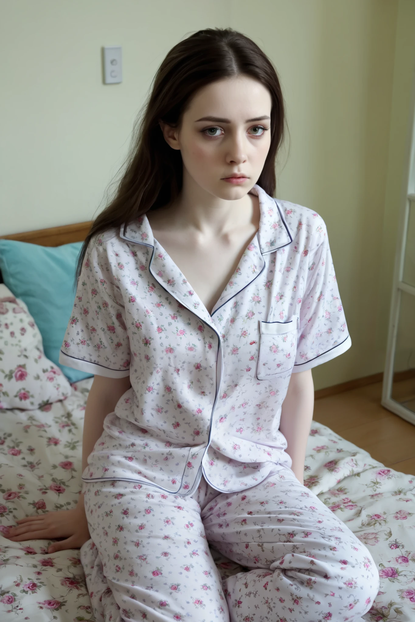 My dead 22 year old brunette summoned Moldovan sister Budeci marina looks at me having pale skin.she is sad wearing pijamas.she is serious and annoyied.in her room