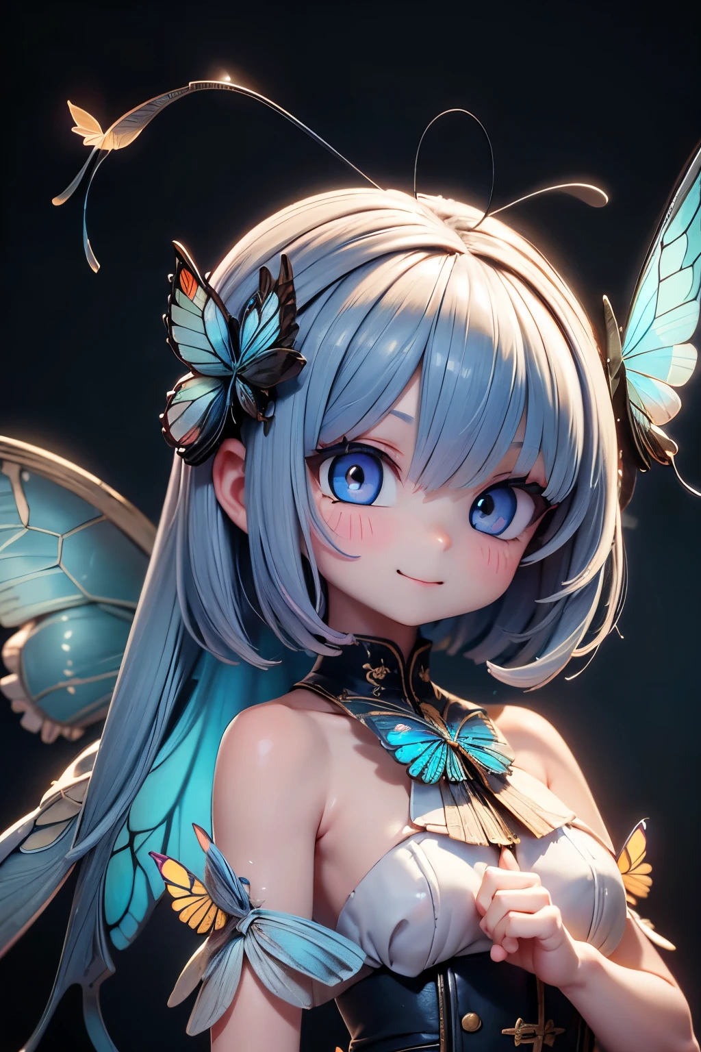 solo, female 1 person\(cute, cute,small ,Skin color is white,Light Blue Shortcut Hair,(smiling at the flag:1.2),(Big Morpho Butterfly Feather Hair:1.7),hologram colored dress\(  beautiful race  \),(Hologram Blue Eyes:1.5),(Two butterfly antennae on the hair:1.2),big cute smile,[ butterfly wings on the back  :2.0],[Butterfly wings on the body:2.0],[Butterfly Wings:2.0],[surplus arms],Butterfly Wingsは毛の部分にのみある\),background\( Dapple Sunlight ,  beautiful forest,\),quality\(8k,Very Well DetailedCGユニットのwallpaper, masterpiece,high resolution,top-quality,top-quality real texture skin,Surrealism,increase resolution,RAW photo,最高のquality,Very Well Detailed,wallpaper,  movie light,  Raytrace  ,  golden ratio,\),close-up face