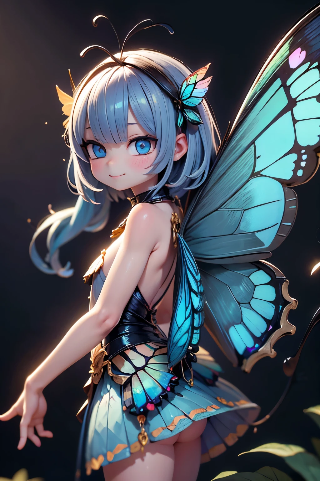 solo, female 1 person\(cute, cute,small ,Skin color is white,Light Blue Shortcut Hair,(smiling at the flag:1.2),(Big Morpho Butterfly Feather Hair:1.7),hologram colored dress\(  beautiful race  \),(Hologram Blue Eyes:1.5),(Two butterfly antennae on the hair:1.2),big cute smile,[ butterfly wings on the back  :2.0],[Butterfly wings on the body:2.0],[Butterfly Wings:2.0],[surplus arms],Butterfly Wingsは毛の部分にのみある\),background\( Dapple Sunlight ,  beautiful forest,\),quality\(8k,Very Well DetailedCGユニットのwallpaper, masterpiece,high resolution,top-quality,top-quality real texture skin,Surrealism,increase resolution,RAW photo,最高のquality,Very Well Detailed,wallpaper,  movie light,  Raytrace  ,  golden ratio,\),close-up face
