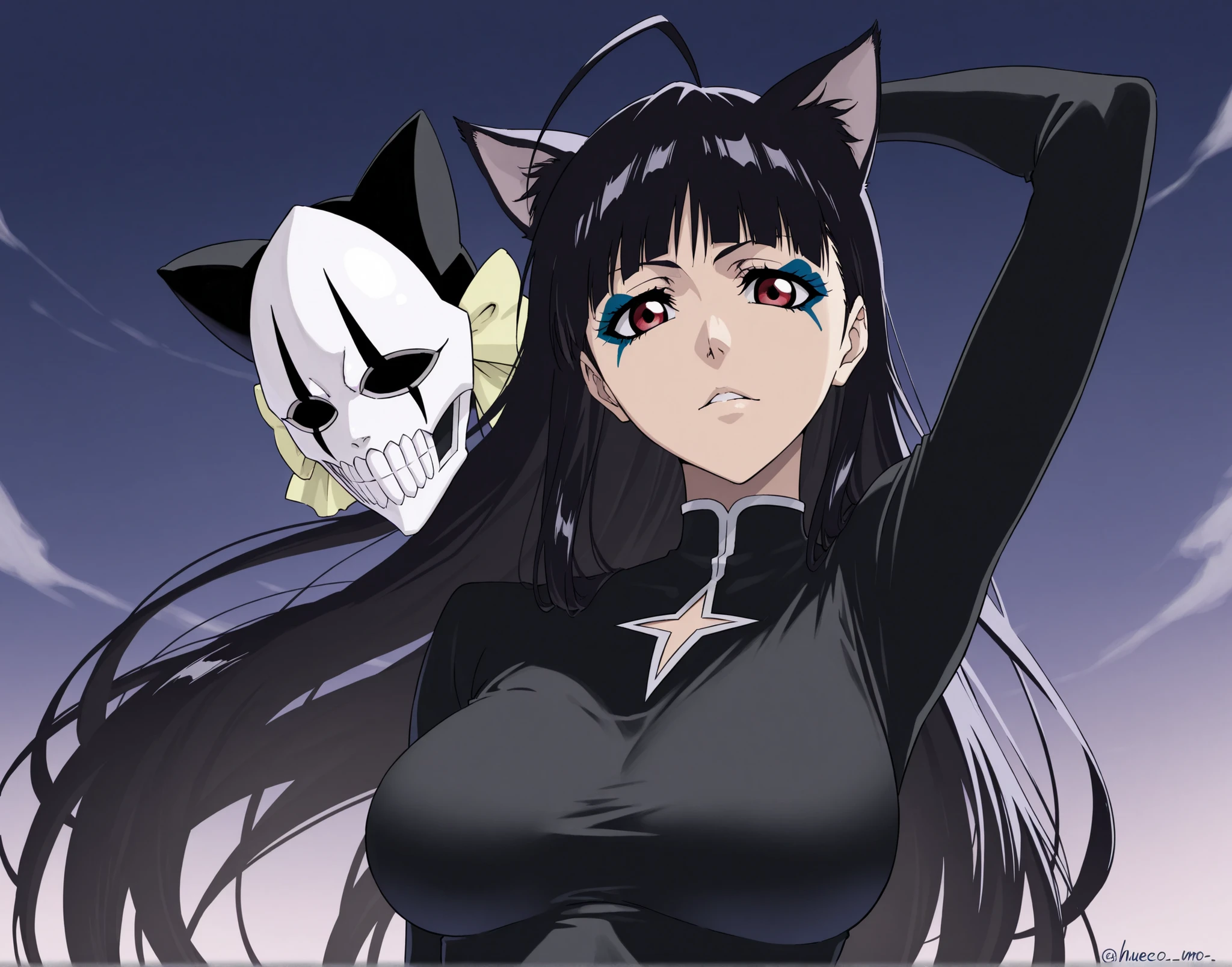 1 girl, solo, (cat girl, cat black ears)), (red eyes), (long hair), (( black hair, (Ahoge), straight bangs,), vasto lady, Bleach anime, hueco, Oscura, shinigami, hueco Mask, pose de batalla, pose dinamica, medium shoot, mascara de hollow en la cara de la chica estilo ichigo,