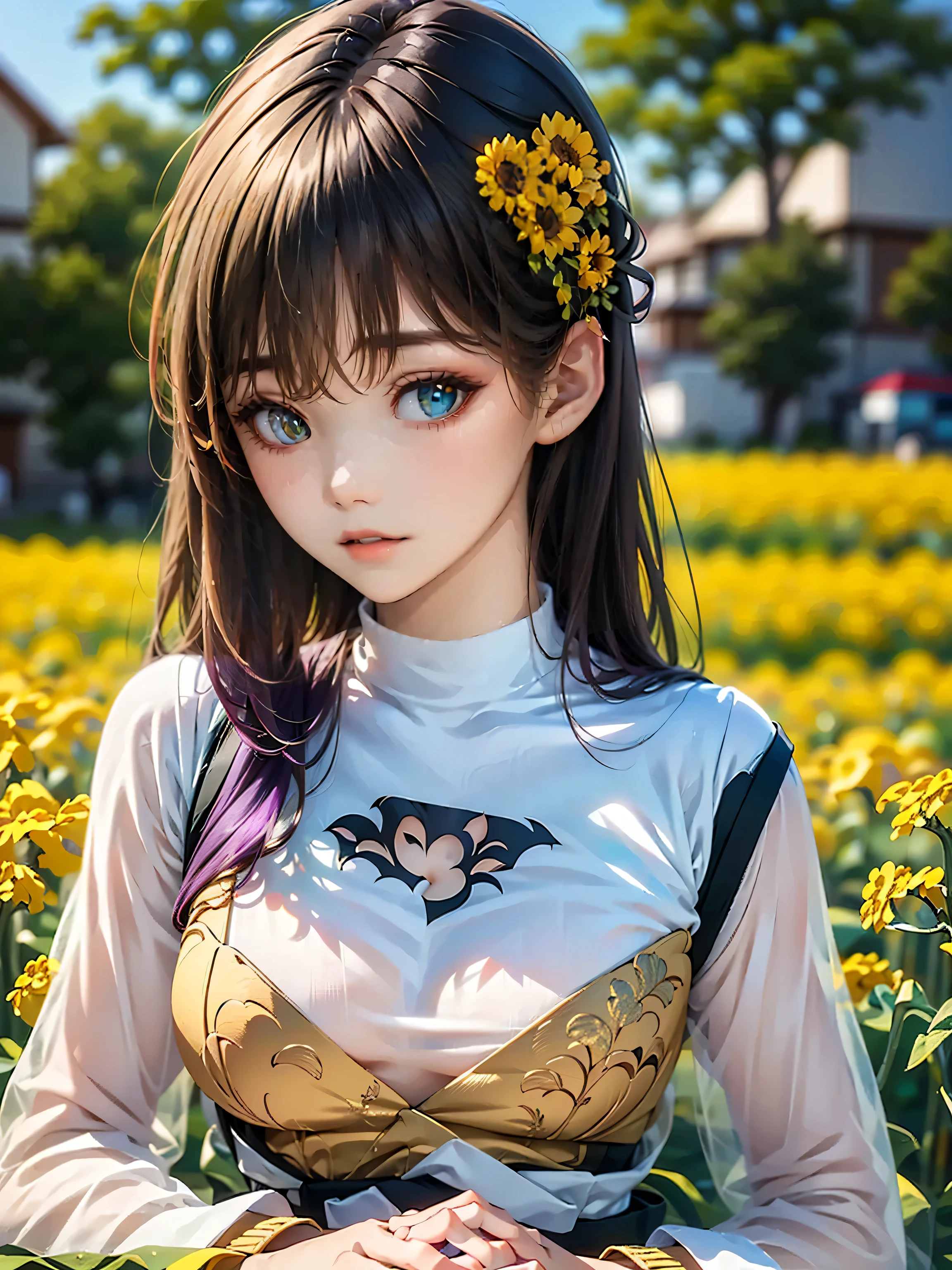 Best quality, high resolution, (High quality: 1.4), masterpiece, detailed background, realistic, RAW photo, ((Three heterochromia high school girls)), ((Heterochromia, red eyes, green eyes)), ((Sparkling and detailed eyes)), ((Long silver and purple hair)), Transparent smooth white skin, Glossy skin, Small breasts, ((Yellow wool sweater with floral embroidery)), Wearing a green flared skirt, ((Lying on her back with her hands clasped behind her head in a field full of rapeseed flowers),
Lying on her back, Anatomically accurate depiction, Delicate depiction down to the fingertips, Faint sunlight, Rape flower field