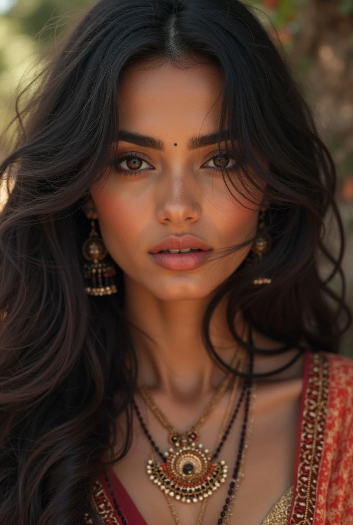 a girl,wearing an elegant 100% transparent saree,curly long hair,deep black eyes,shiny red lips,brown skin,lotus flower in her hair,bindi on forehead,palms decorated with henna,in a blooming garden,bright colorful flowers,green grass,blue sky,sunshine falling on her,peaceful and serene expression,subtle smile on her face,fingers delicately touching flower petals,body language full of grace and elegance, scenic beauty,painting as medium,detailed and vivid,high-resolution image,photorealistic rendering,vibrant colors,soft and warm lighting, her boobs exposed,