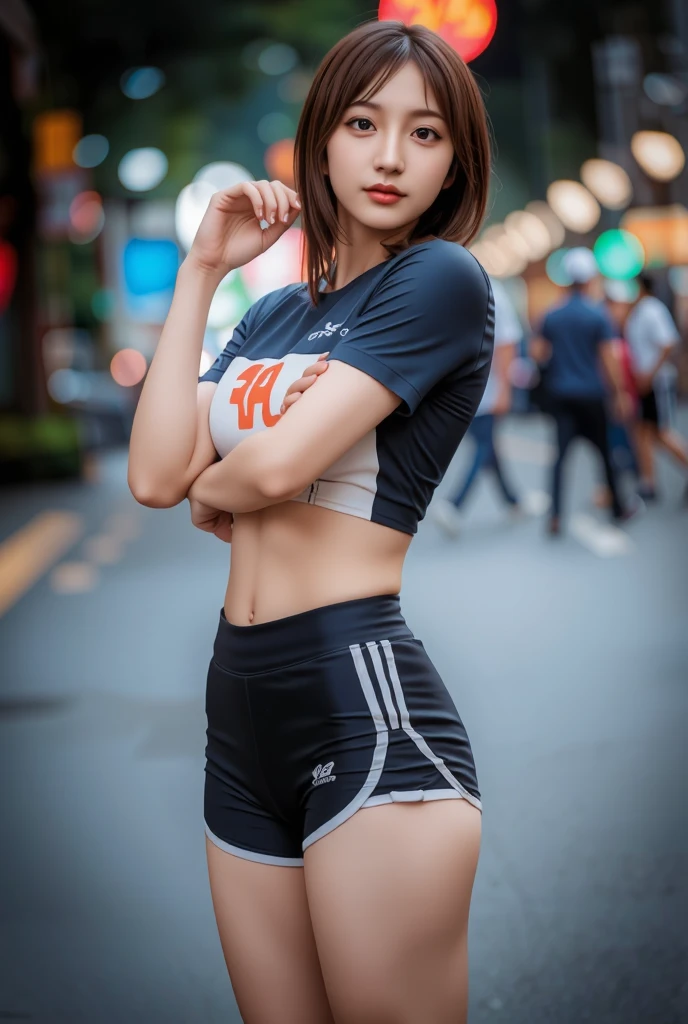 1girl, (Black Eyes), (smiling), (beautiful makeup), (wide hips), Big tits, (big ass), (Best Quality, 8k, Masterpiece: 1.3), Clear Focus: 1.2, Perfect Body Beauty: 1.4, strong abs, Highly detailed face and skin texture, detailed eyes, double eyelids, (black short hair :1.2), (sporty hoodie and shorts :1.2), sneakers, black baseball cap, standing, dynamic pose, in the shibuya neighborhood at night, tokyo japan
