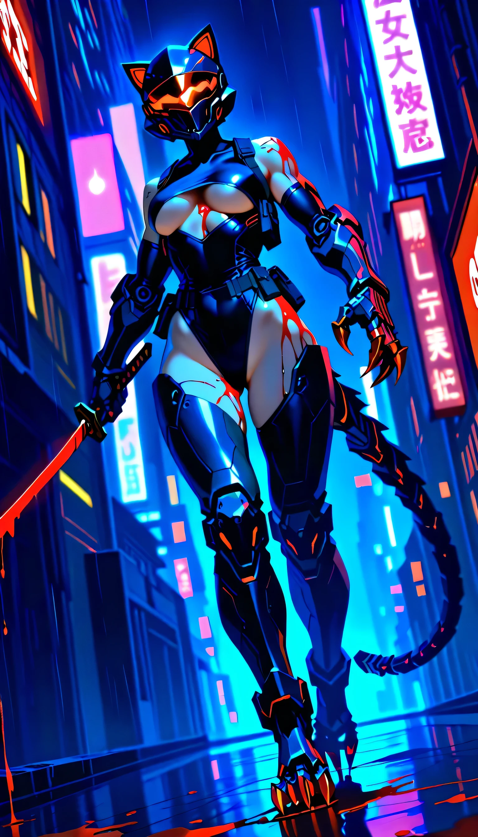 Best quality, masterpiece, (((1girl))), (((solo))), dense cyberpunk city background, dense city street, neon lit street, raining, night time, wet skin, cyberpunk, anime, full-face helmet with cat ears, black helmet, red glowing cat ears, hourglass figure, toned body, athletic, skimpy clothing, (((black leotard))), underboob cutout, (((underboob))), black tactical gear, skimpy tactical gear, (((holding katana))), (((covered in blood))), (((blood splatters))), (((blood everywhere))), (((blood all over body))), (((gore))), (((view from ground))), (((cat eyes visible in helmet))), black thigh highs, red and black tactical gear, glowing neon red katana blade, (((blood dripping from katana))), (((blood dripping from claws))), (((bloodbath))), (((mechanical tail))), (((segmented tail))), (((metallic red claws))), (((metallic red helmet visor))), tactical chest harness, tactical knee pads, tactical elbow pads, tactical gloves, tactical thigh harness, (((tactical utility belt))), (((tactical body harness))), (((cybernetic legs))), (((cybernetic lines on skin))), (((dutch angle))), (((hand in claw shape))), (((hips cocked))), shoulders visible, black arm bands on biceps, (((medium breasts))), cybernetic legs, (((mechanical claw feet))), (((walking towards viewer))), (((sexy walk))), one katana