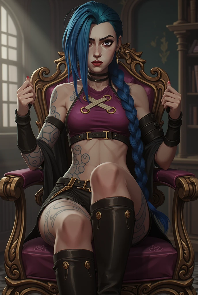 punk sorceress, sitting, wand, boots, fishnet stockings
