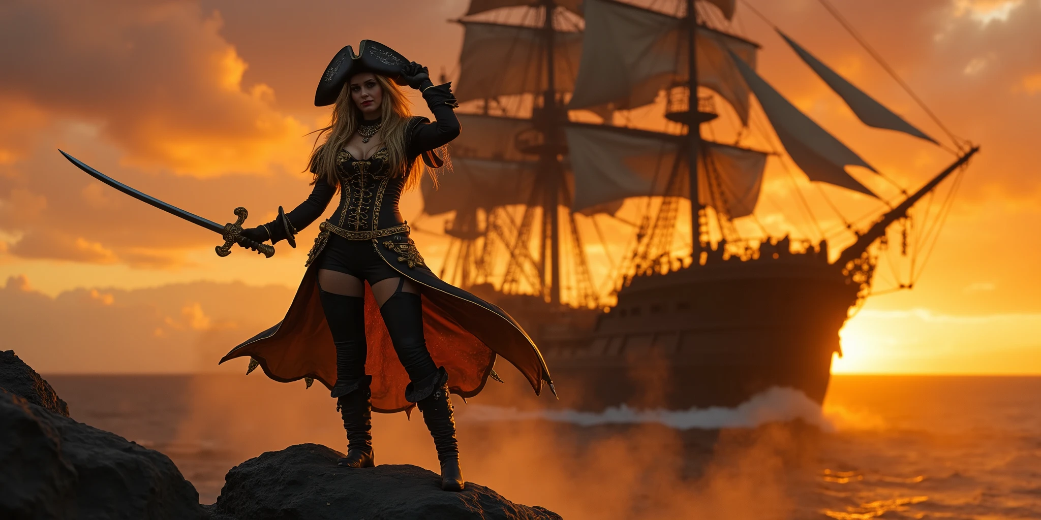Full character perspective, beautiful blonde big boob lady pirate, fancy elaborate black and gold pirate costume and hat, black boots, action pose, dynamic pose, sword raised, fog, smoke, silhouette of black pirate ship background, brilliant sunset