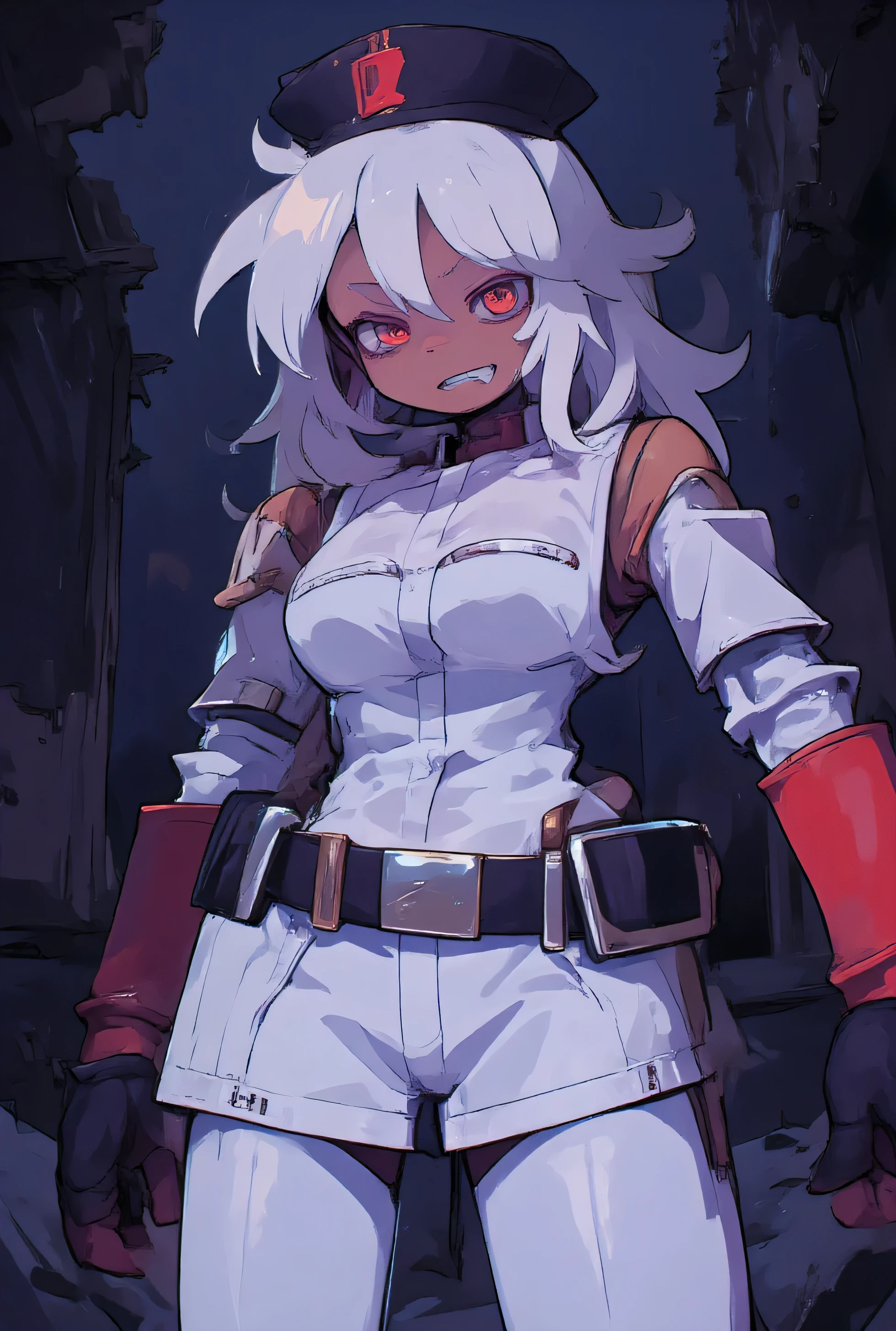 girl,shot, silver hair, cyborgs,Mercenary ,black beret,eyes full of obsession, Red eyes,white military uniform