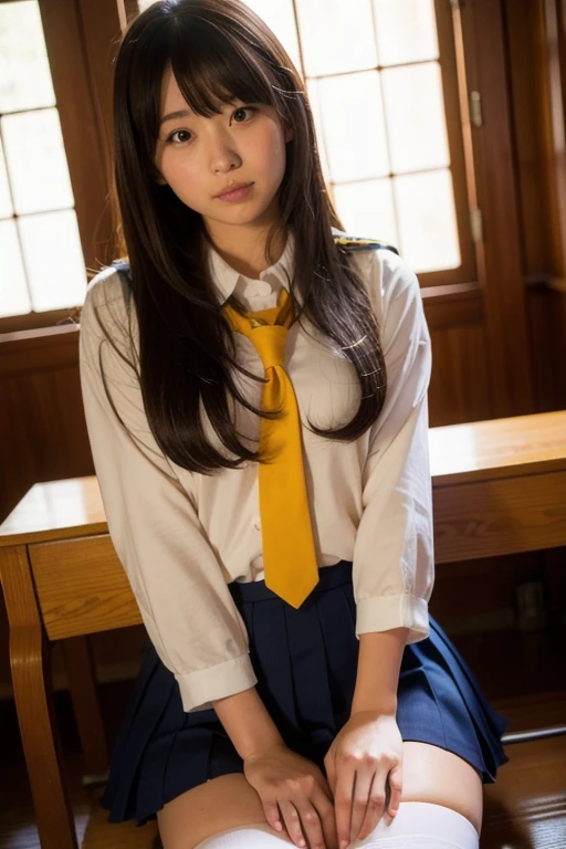 (masterpiece:1.2), Japanese, (), (a girl), room, ((school uniform)), thighs, bedroom, hair bun,
