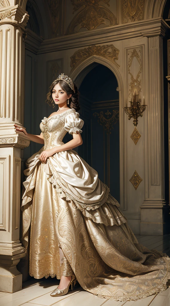 a ((1girl)), (((tween girl))), (((12-year-old-girl))), (((young girl))), in a white wedding dress standing in a room, a sketch by Elena Guro, , baroque, ornate opulent clothing, dressed beautiful gown, ornate dress, royal dress, royal gown, extravagant dress, wearing a magnificent dress, beautiful detailed elegant, detailed dress and (sad face), gown, ornate royal gown, luxury dress, gown