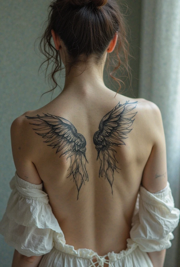 arafed woman with a tattoo on her back and a tattoo on her arm, large wings on back, symmetrical wings on back, wings on back, angelic wings on her back, big angel wings on back, beautiful realistic upper body, detailed wings, black wings instead of arms, with wings. ultra-detailed, back tattoo, beautiful opened wings