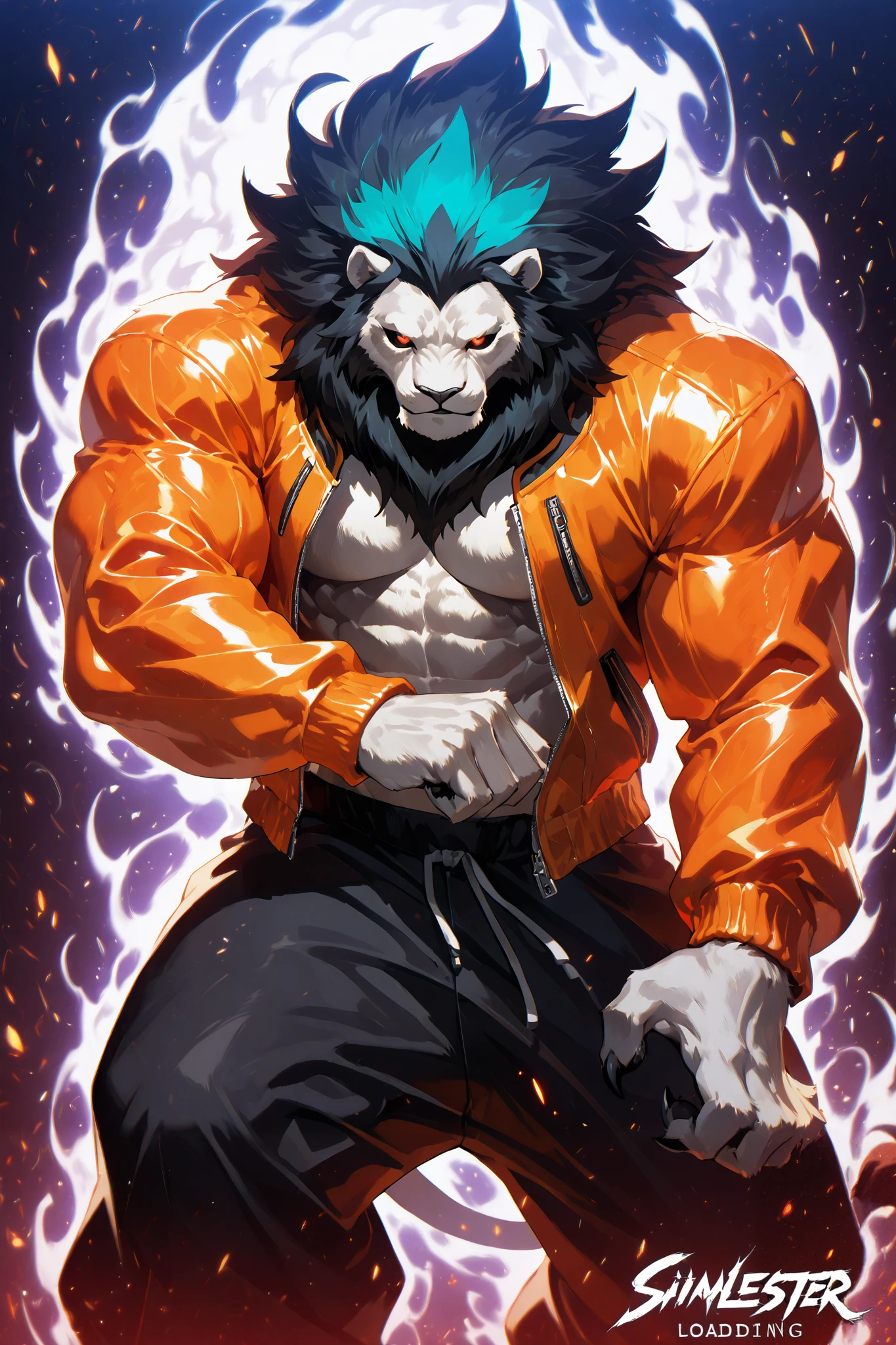 solo, silhouette, shadow of Titan Specter, male Lion Anthro, muscular Lion Anthro male character, wearing a Orange Biker Jacket, wallpaper quality, on a loading screen, fighting stance, solo, aura, waist up, ((human Tiger Anthro Male body)), Titan Appearance, Black Hair with Teal highlights, sinister stare, neon lighting, Red eyes, black sclera, glowing Red eyes, (Athletic muscles:1.5), Orange jacket, Black Ripped baggy pants, masterpiece,((Simple White background)), correct anatomy, correct hands, best quality,