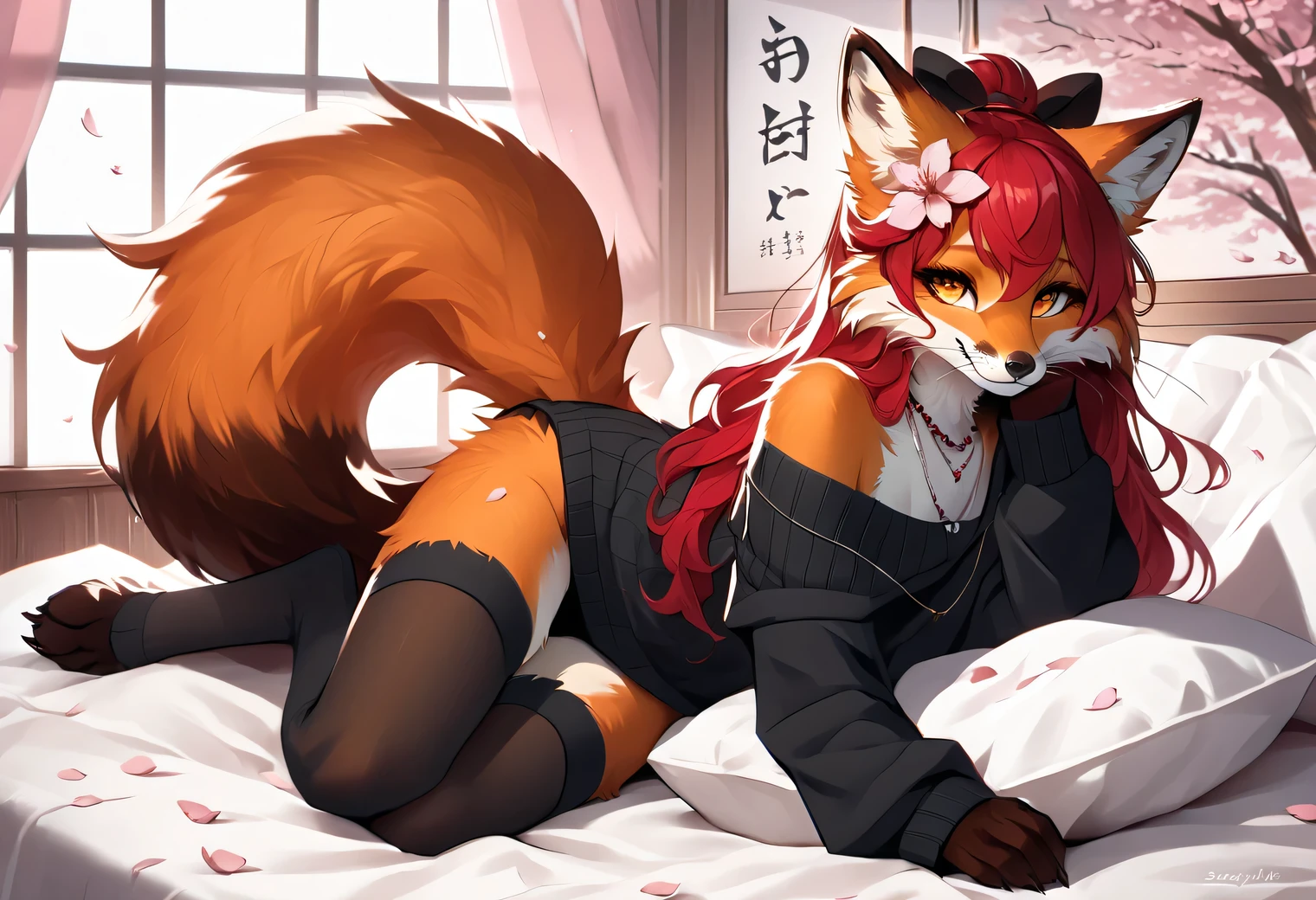 full body、Solo、unpralleled masterpiece、Detailed、Beautiful、score_9、score_8_up、score_7_up、score_6_up、moody atmosphere、mysterious、fox、anthro、female、furry、orange fur、yellow eyes、fluffy tail、foxy whiskers、(long hair、beautiful hair、scarlet red hair、side swept hair、bangs)、(digitigrade、claws、fox paws、exposed feet)、(sassy pose、sassy hips、sassy、flirtatious)、wearing (Black simple stylish long socks、non-transparent thigh highs、Black crop off shoulder sweater、Colored hair bow、Cherry Blossom petal on her hair、Classic long necklace)、indoors、in a bedroom、pillow、pink cherry blossoms decorating the room、divine incantations on walls、japanese calliography、smile