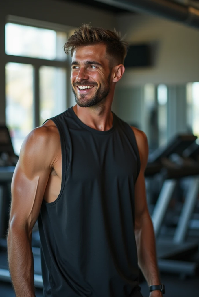 man in the gym, wearing a gray T-shirt and gray sweatpants, smiling, blonde hair, beard, exercise equipment in the background, large window with natural light.