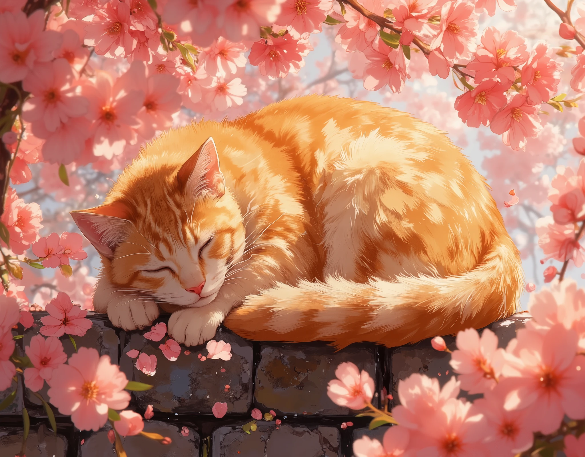 "A cute and fluffy orange tabby cat sleeping peacefully on a stone wall, cherry blossoms in full bloom in the background, warm and soft lighting, detailed fur texture, anime-style, highly detailed, vibrant colors, cinematic composition, bokeh effect."