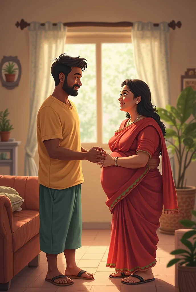 Indian husband and wife pregnant spending time together, laughing, Disney 3d, curly hair girl toddler in the background