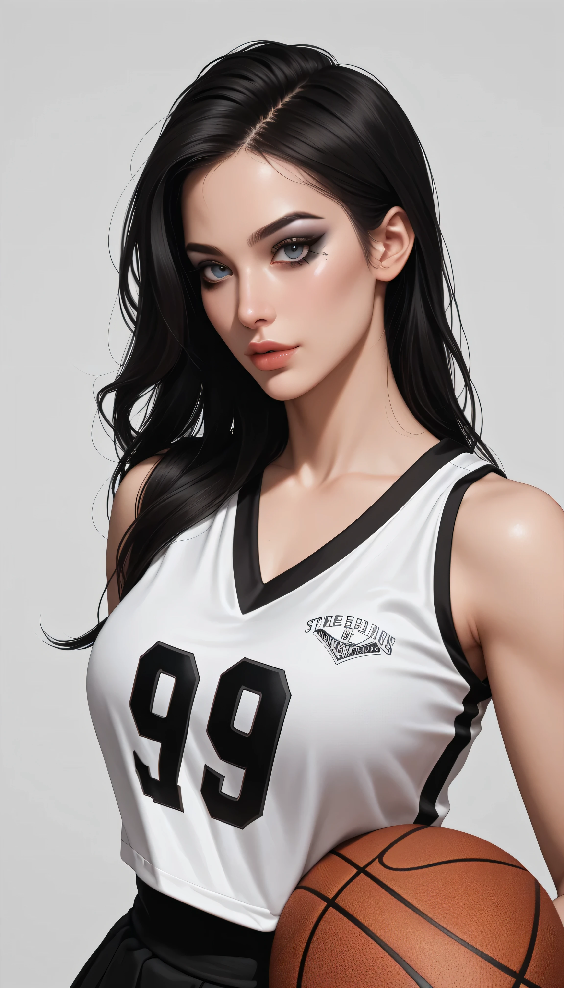 beautiful woman with medium breasts, long black hair with long sideburns, looking at viewer, seductive expression, half body portrait, wearing a black and white basketball uniform, wearing black laced skirt, gothic makeup, grinning, dribbling a basketball,