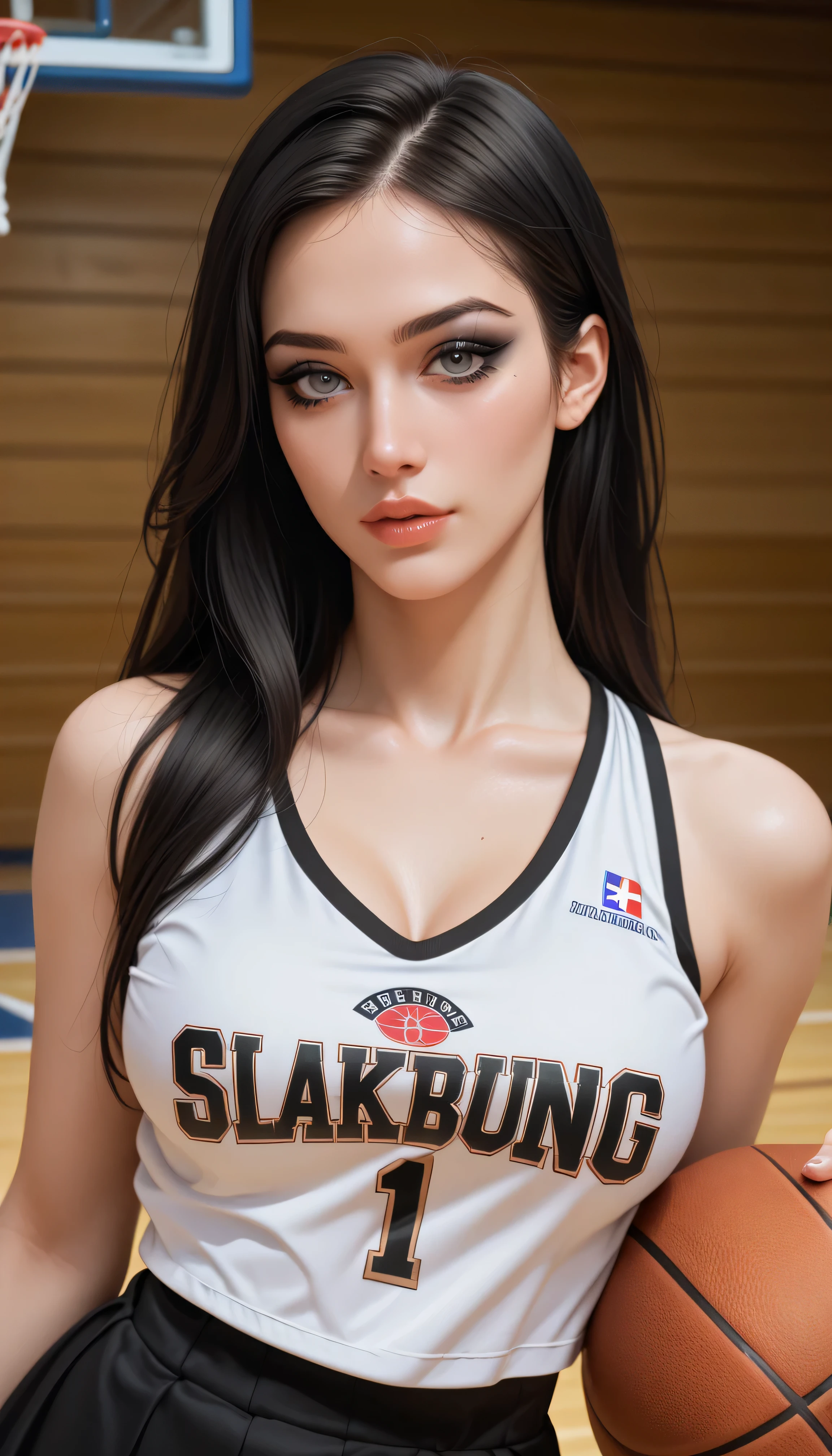 beautiful woman with medium breasts, long black hair with long sideburns, looking at viewer, seductive expression, half body portrait, wearing a black and white basketball uniform, wearing black laced skirt, gothic makeup, grinning, dribbling a basketball,