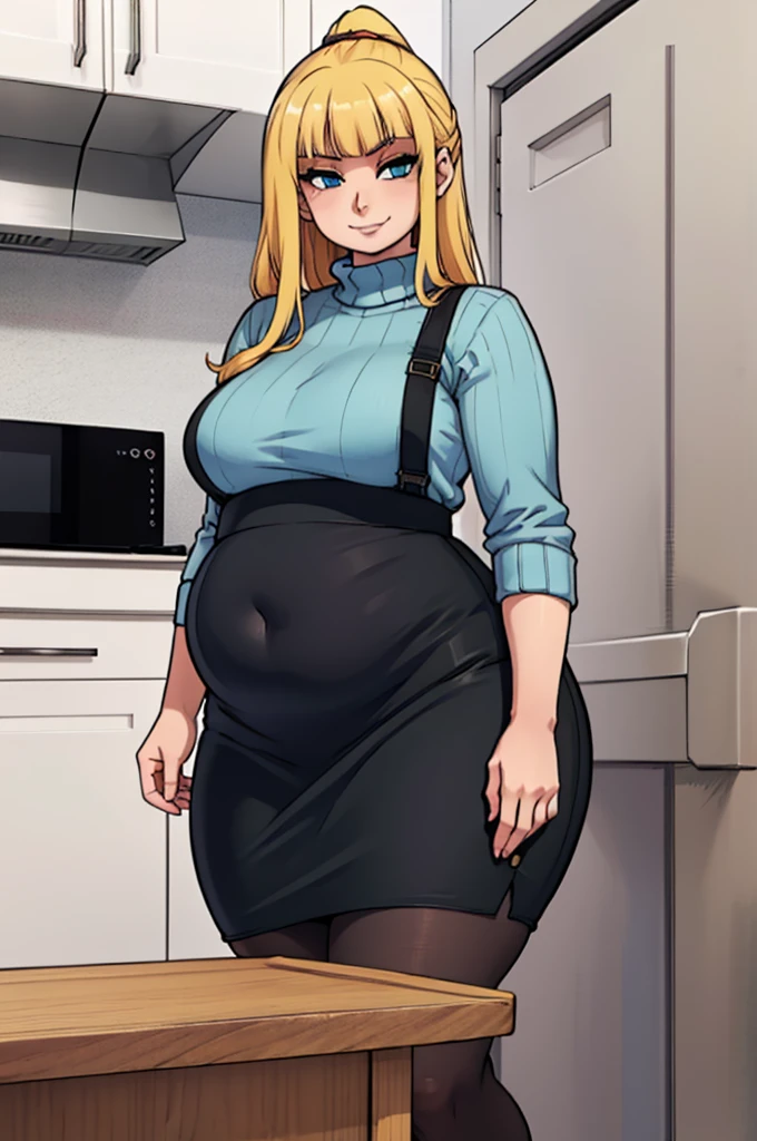 ((art by Kipteitei)), ((Masterpiece, best quality, perfect lighting, amazing shading)), (perfect anatomy, realistic proportions), field of depth, extremely beautiful, detailed face, ultra cute face, cute, long blonde hair, hair ribbons, green eyes, sweater dress, pantyhose, cute smile, (fat), belly, [belt], blushing, (elegant pose), bedroom background, detailed background