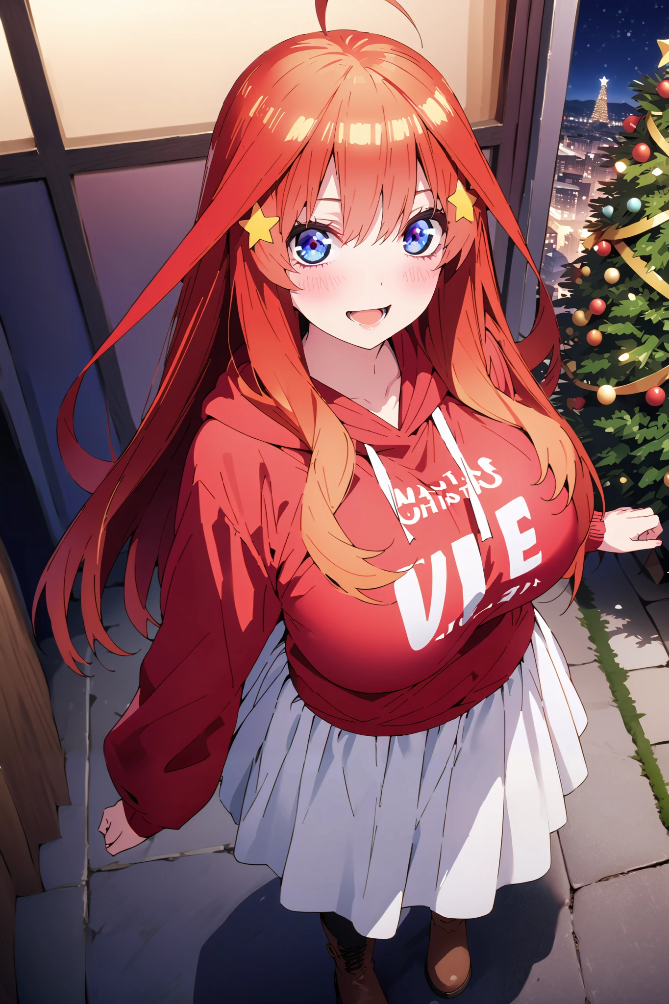 score_9, score_8_up, score_7_up, source_anime, Nakano Mizuki , long hair, blue eyes, hair ornament, red hair, long hair,stupid hair, star ( symbol ), star hair ornament, Big Breasts,smile,cover,opens her mouth, red oversized hoodie , white long skirt,boots,Snow standing in front of a Christmas tree,winter,Beautiful snow scene,cityscape,illumination, white Christmas ,full bodyがillustrationsに入るように,break outdoors,garden,
break looking at viewer,full body,
break (masterpiece:1.2), top quality, high resolution, Unity 8k 壁紙, (illustrations:0.8), (beautiful detailed eyes:1.6), very detailed face, so that it fits into the illustration, extremely detailed CG,full body写真, (Perfect Hand, perfect anatomy),