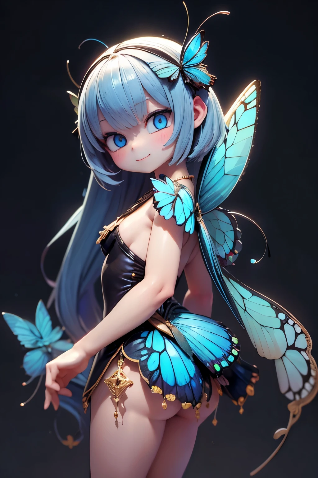 solo, female 1 person\(cute, cute,small ,Skin color is white,Light Blue Shortcut Hair,(smiling at the flag:1.2),(Big Morpho Butterfly Feather Hair:1.7),hologram colored dress\(  beautiful race  \),(Hologram Blue Eyes:1.5),(Two butterfly antennae on the hair:1.2),big cute smile,[ butterfly wings on the back  :2.0],[Butterfly wings on the body:2.0],[Butterfly Wings:2.0],[surplus arms],Butterfly Wingsは毛の部分にのみある\),background\( Dapple Sunlight ,  beautiful forest,\),quality\(8k,Very Well DetailedCGユニットのwallpaper, masterpiece,high resolution,top-quality,top-quality real texture skin,Surrealism,increase resolution,RAW photo,最高のquality,Very Well Detailed,wallpaper,  movie light,  Raytrace  ,  golden ratio,\),close-up face
