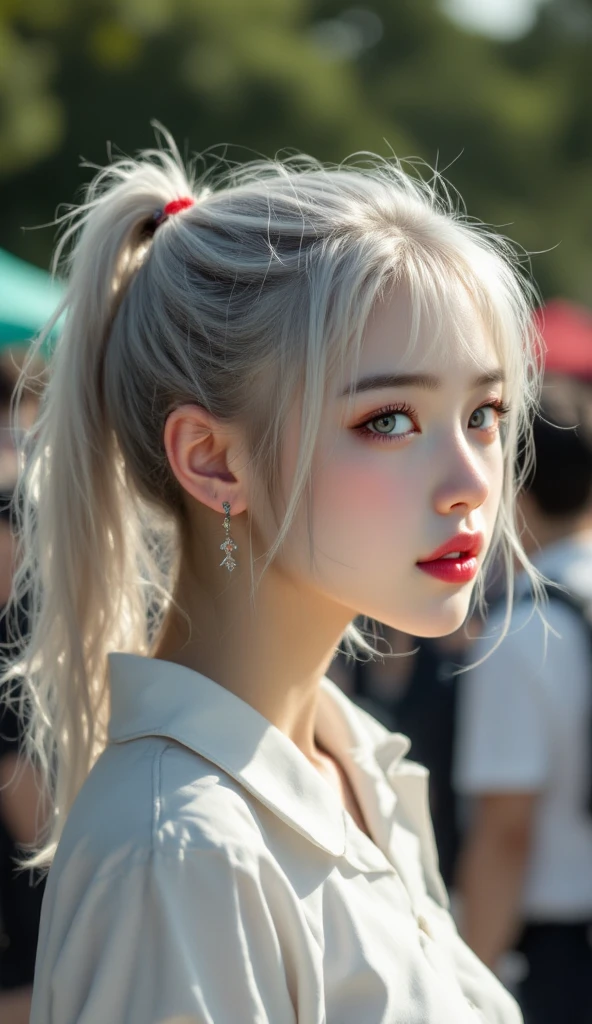 ((realistic, top quality, highest resolution, 8k)), ((accurate , accurate body, accurate hands, Accurate feet)), full body photo, she is a beautiful Japanese girl with lovely big , ponytail hair, silver hair, silver eyes, red lips,  University, Campus, She is enjoying the festival,  University에서 축제를 즐기고 있다, and she says it's amazing to watch the scene where the lovers are singing songs by making it a stage at the playground, She's interested in new things, bright smile, Bright smile, She's ashamed