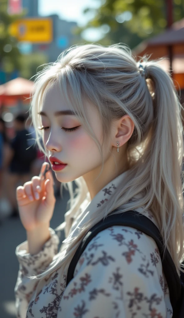 ((realistic, top quality, highest resolution, 8k)), ((accurate , accurate body, accurate hands, Accurate feet)), full body photo, she is a beautiful Japanese girl with lovely big , ponytail hair, silver hair, silver eyes, red lips,  University, Campus, She is enjoying the festival,  University에서 축제를 즐기고 있다, and she says it's amazing to watch the scene where the lovers are singing songs by making it a stage at the playground, She's interested in new things, bright smile, Bright smile, She's ashamed