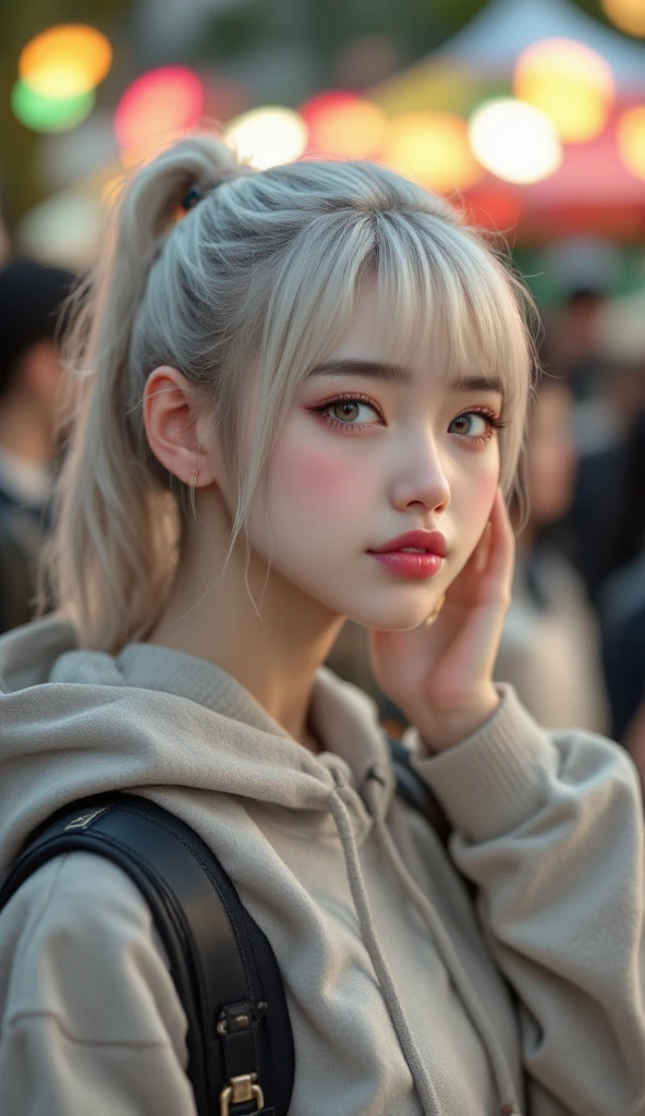 ((realistic, top quality, highest resolution, 8k)), ((accurate , accurate body, accurate hands, Accurate feet)), full body photo, she is a beautiful Japanese girl with lovely big , ponytail hair, silver hair, silver eyes, red lips,  University, Campus, She is enjoying the festival,  University에서 축제를 즐기고 있다, and she says it's amazing to watch the scene where the lovers are singing songs by making it a stage at the playground, She's interested in new things, bright smile, Bright smile, She's ashamed