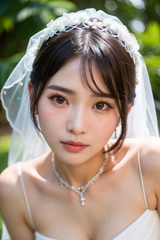 ((((Pixel perfect, Perfect details))), alone, 1 girl, yuigahama yui,  Close-up of beautiful bride wearing beautiful wedding dress,Gurwitz, (bridal veil:1.5），（transparent short veil：1.5），blush，eye shadow，Blushing face，Head flower，headgear，bouquet，（tube top wedding dress：1.5），（silk dress：1.2）,（strapless wedding dress：1.5）,pure white dress，necklace，earrings，(large breasts:1.3)，Bangs，lipstick，（White long elbow gloves：1.4）,whole body照,High-detail RAW color art,White long skirt，whole body，only one railway track，(standing on the railroad tracks:1.3),18 years old, （long twintails：1.5）,(double bun:1.5), black hair