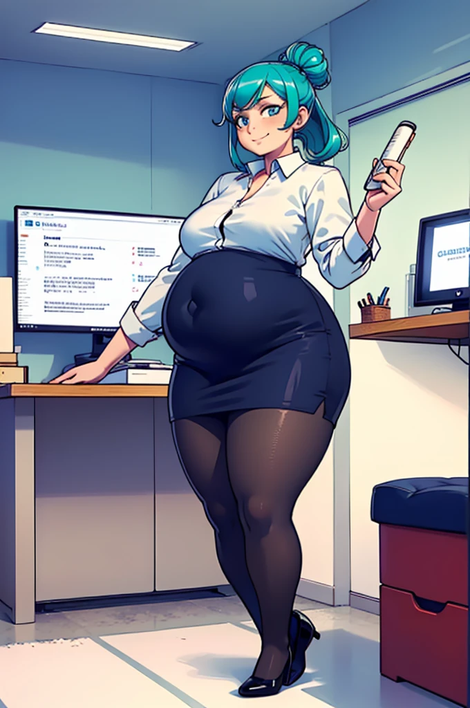 high_aesthetic, art by Betterwithsalt, 1girl, (aqua blue hair), long wavy hair, hair up, blue eyes, black pencil skirt, dress shirt, (black tights), plump, (stuffed_belly), (standing, leaning on an office desk), fancy office background with lots of windows, detailed background, (best quality, masterpiece, amazing lighting)