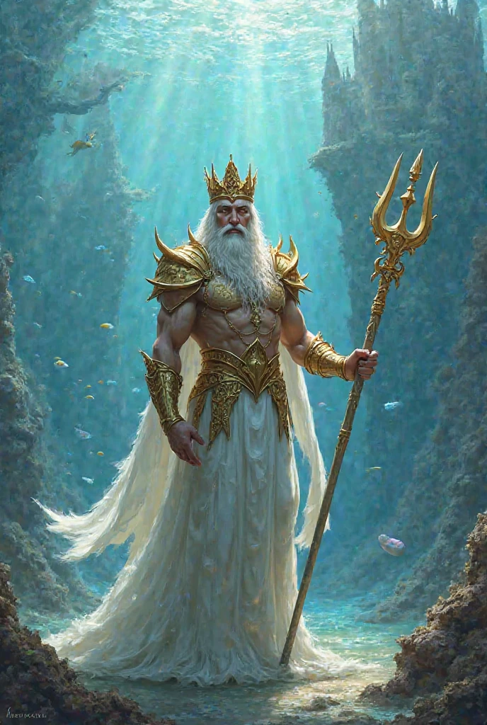An extremely detailed and hyper-realistic image of an ancient mythological figure who is ruler of the underworld, seated regally on his dark, majestic throne. This mystical figure, characterized by his sigil of attributes connected with death, is clutching a trident, a symbol customarily associated with the deity of the sea. The underworld environment around him is sinister yet captivating, with the throne room depicting dramatic interpretations of greek mythology