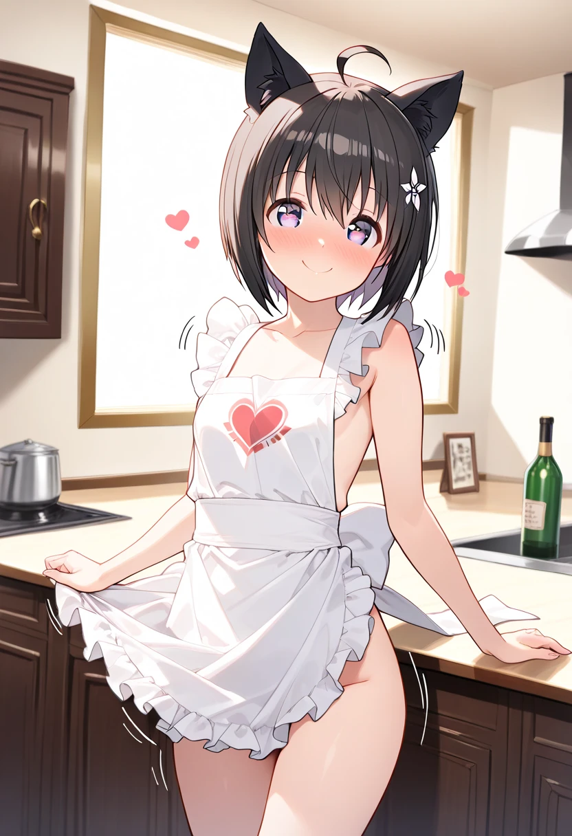 (8K, Highest image quality, highest quality, masterpiece), detailed face, (()), ((girl)), (little lolive), black hair, short twintails, pink eyes, (tiny breasts)d apron), c shot, put your hand on your mouth, kitchen background, ((very blushing)), ((detailed hands and fingers)), viewer perspective from below, (blush)