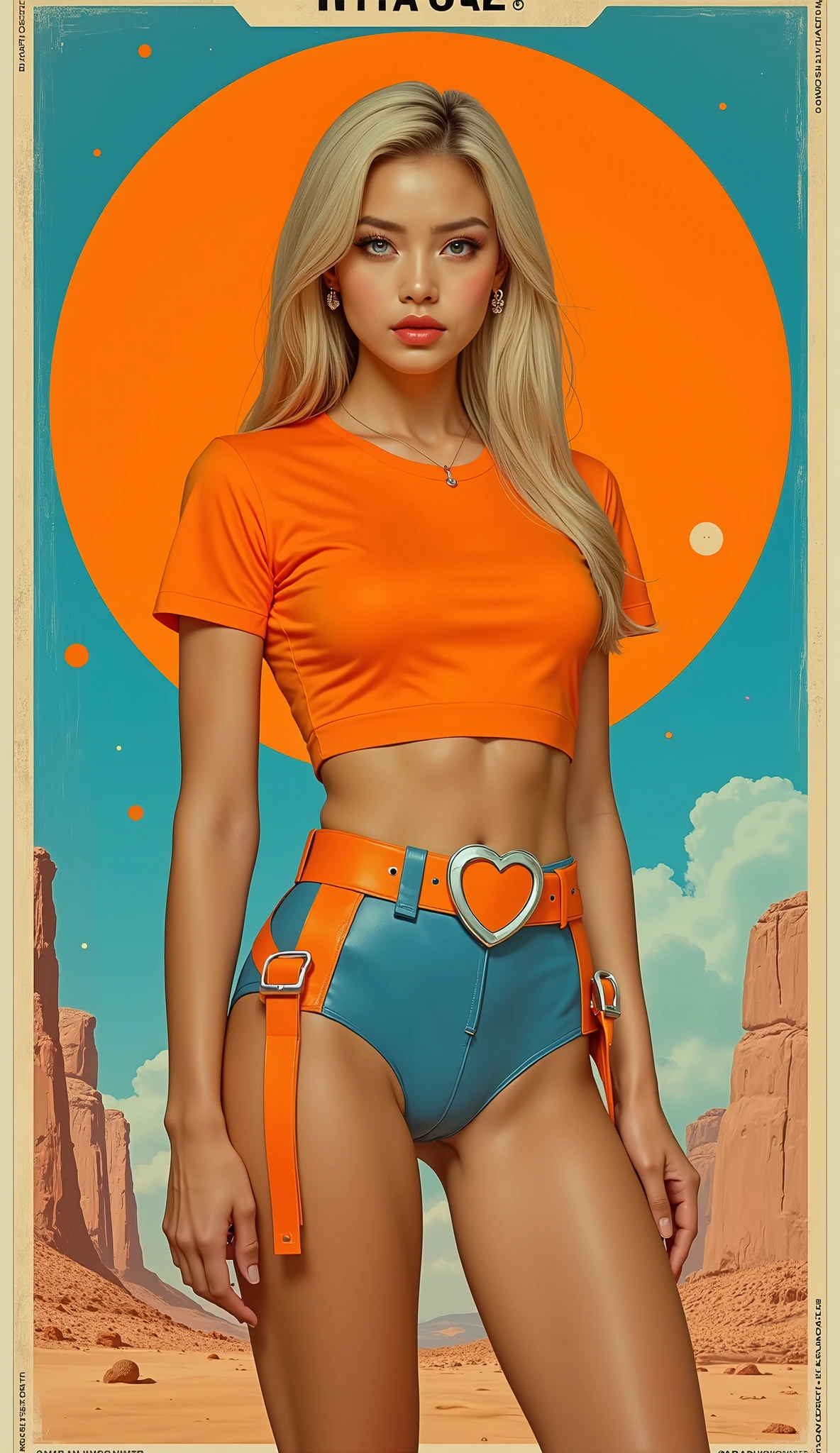 ((masterpiece, Highest quality)), (((whole body :1.5))), 32K Wallpapers, Very detailed, Poster, Vintage science fiction, 1960s,(((geometric cinematic movie Poster))), (Bauhaus), shape,Abstract, Midcentury Modern, movie Poster, Vintage, Perfect Lady,1970s,Halftone,Speech bubble,(((portfolio,close))), Tall and straight blonde mature girl, Sexy, Medium Neck, He is wearing a plain, tight orange short-sleeved U-neck T-shirt, She completely exposed her midsection, She is wearing blue leather shorts., she wears a large orange belt with a red heart-shaped buckle, She exposed her navel, beautiful abdomen, Beautiful thighs, Long and slender thighs, A pose that makes it appear as if you are facing forward with your hands on your hips, whole body