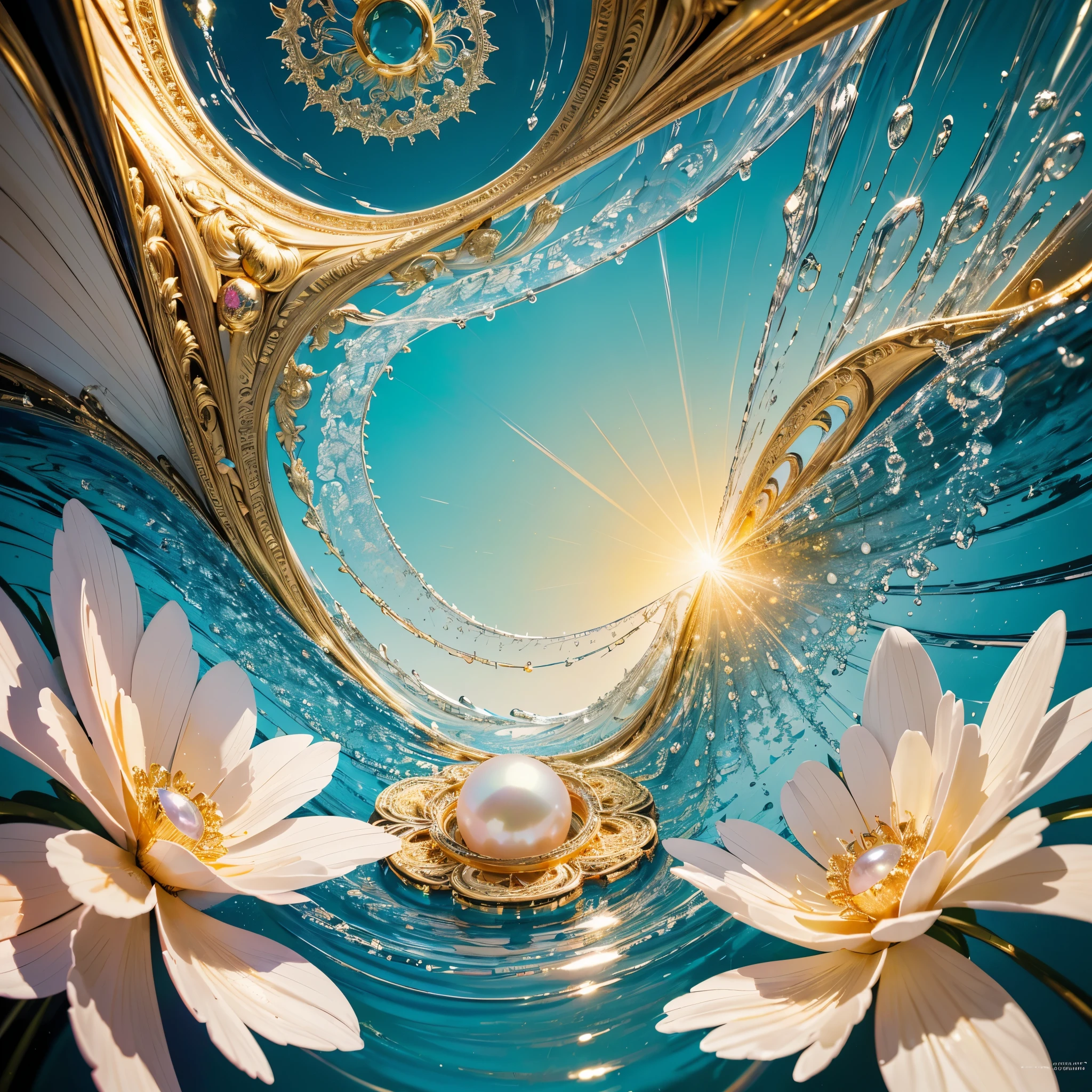 abstract art, expressive, oil painting, landscape, blue, yellow, red, white, pink, cyan, green, gleaming diamond with golden accents, radiating light, amidst brilliance, symetrical hyperdetailed texture, pearl filigree, perfect composition, ethereal, sky, flower, water