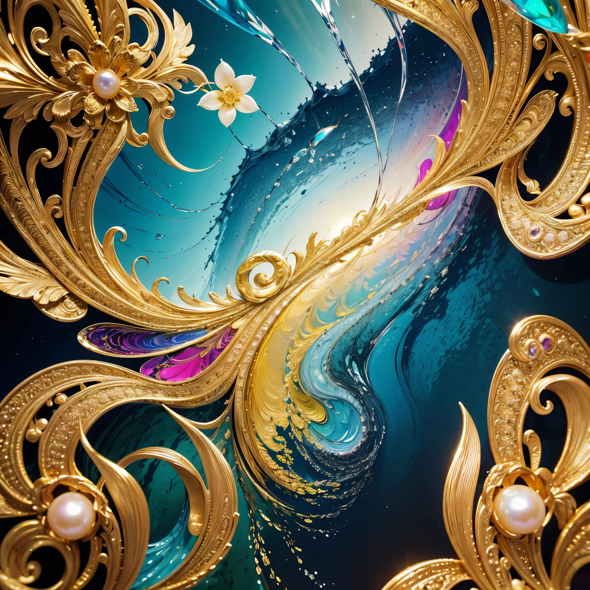 abstract art, expressive, oil painting, landscape, blue, yellow, red, white, pink, cyan, green, gleaming diamond with golden accents, radiating light, amidst brilliance, symetrical hyperdetailed texture, pearl filigree, perfect composition, ethereal, sky, flower, water