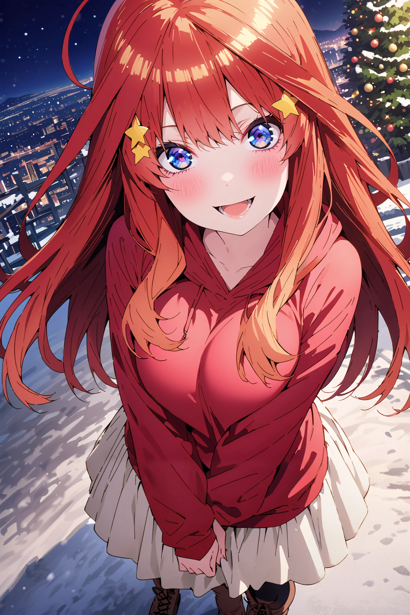 score_9, score_8_up, score_7_up, source_anime, Nakano Mizuki , long hair, blue eyes, hair ornament, red hair, long hair,stupid hair, star (  symbol ), star hair ornament, Big Breasts,smile,cover,opens her mouth, red oversized hoodie , white long skirt,boots,Snow standing in front of a Christmas tree,winter,Beautiful snow scene,cityscape,illumination, white Christmas ,full bodyがillustrationsに入るように,break outdoors,garden,
break looking at viewer,full body,
break (masterpiece:1.2), top quality, high resolution, Unity 8k 壁紙, (illustrations:0.8), (beautiful detailed eyes:1.6), very detailed face,  so that it fits into the illustration, extremely detailed CG,full body写真, (Perfect Hand, perfect anatomy),