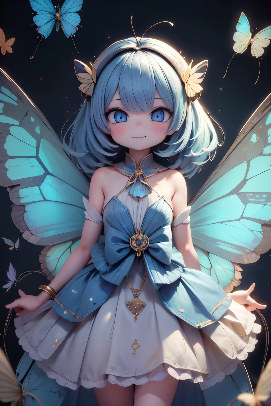 solo, female 1 person\(cute, cute,small ,Skin color is white,Light Blue Shortcut Hair,(smiling at the flag:1.2),(Big Morpho Butterfly Feather Hair:1.7),hologram colored dress\(  beautiful race  \),(Hologram Blue Eyes:1.5),(Two butterfly antennae on the hair:1.2),big cute smile,[ butterfly wings on the back  :2.0],[Butterfly wings on the body:2.0],[Butterfly Wings:2.0],[surplus arms],Butterfly Wingsは毛の部分にのみある\),background\( Dapple Sunlight ,  beautiful forest,\),quality\(8k,Very Well DetailedCGユニットのwallpaper, masterpiece,high resolution,top-quality,top-quality real texture skin,Surrealism,increase resolution,RAW photo,最高のquality,Very Well Detailed,wallpaper,  movie light,  Raytrace  ,  golden ratio,\),close-up face