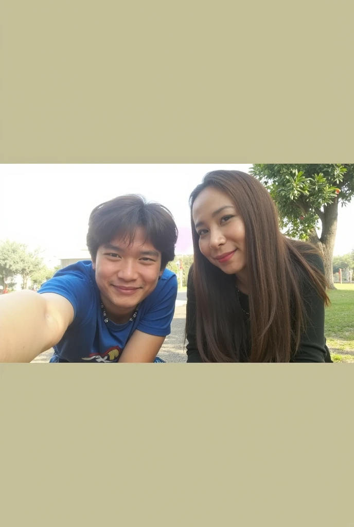 there is a man and woman taking a selfie in the park, lovely couple, in sunny weather, happy couple, bright sunny day, sunny day time, nivanh chanthara, park in background, sunny day, couple, with a park in the background, with her long, nuttavut baiphowongse, on a sunny day