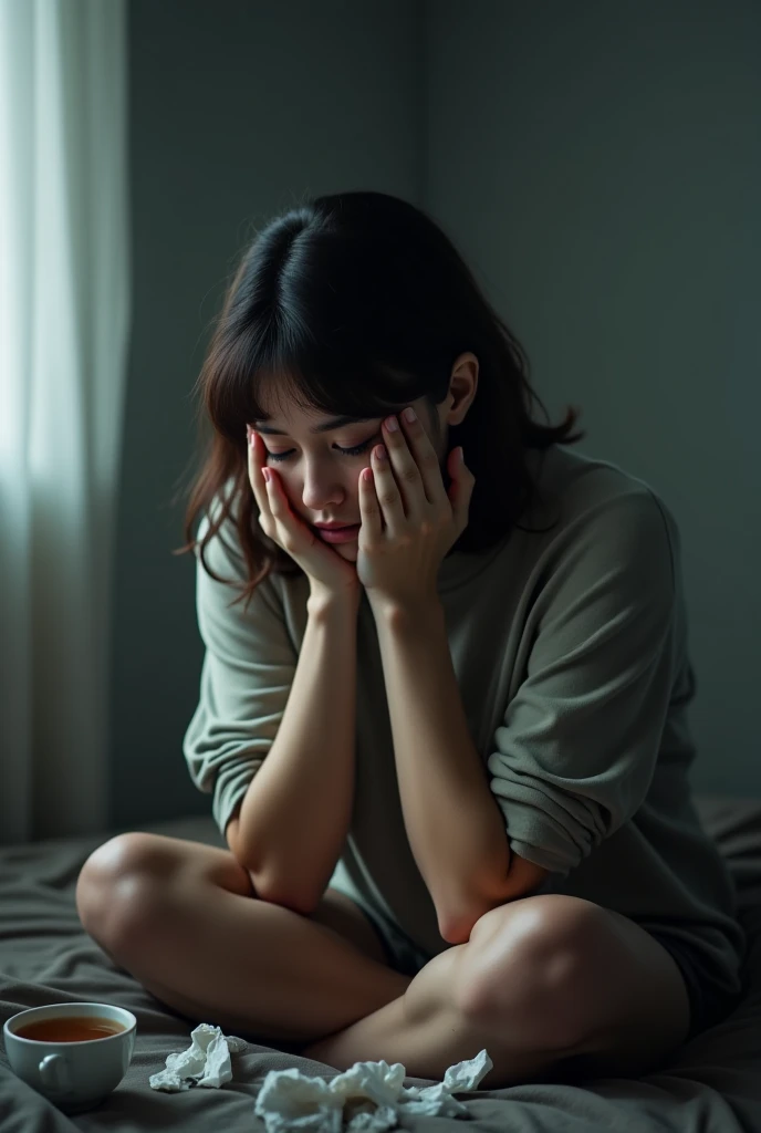 (photorealism:1.2), sad teenager sitting on bed remembering good times