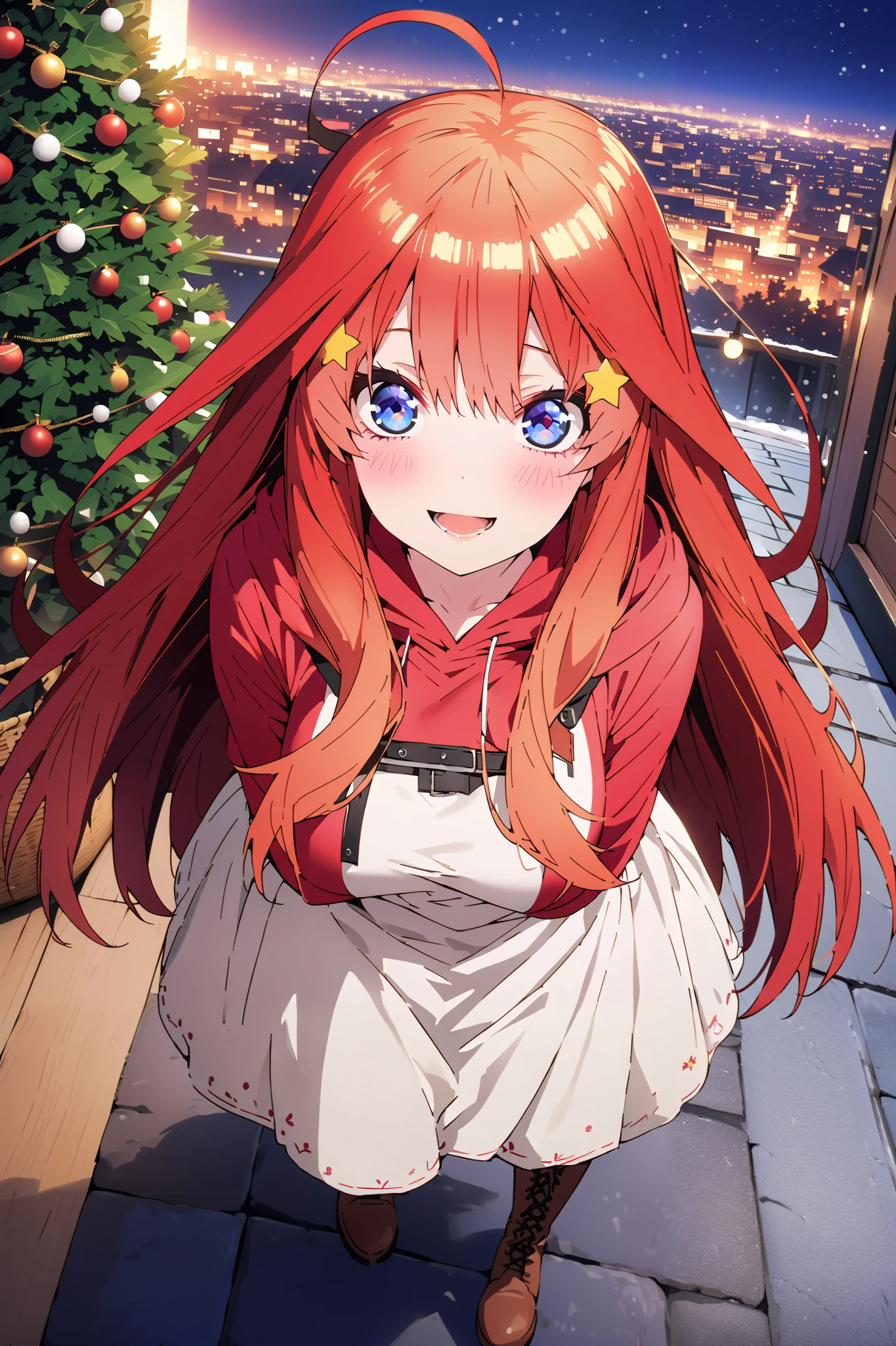 score_9, score_8_up, score_7_up, source_anime, Nakano Mizuki , long hair, blue eyes, hair ornament, red hair, long hair,stupid hair, star ( symbol ), star hair ornament, Big Breasts,smile,cover,opens her mouth, red oversized hoodie , white long skirt,boots,Snow standing in front of a Christmas tree,winter,Beautiful snow scene,cityscape,illumination, white Christmas ,full bodyがillustrationsに入るように,break outdoors,garden,
break looking at viewer,full body,
break (masterpiece:1.2), top quality, high resolution, Unity 8k 壁紙, (illustrations:0.8), (beautiful detailed eyes:1.6), very detailed face, so that it fits into the illustration, extremely detailed CG,full body写真, (Perfect Hand, perfect anatomy),