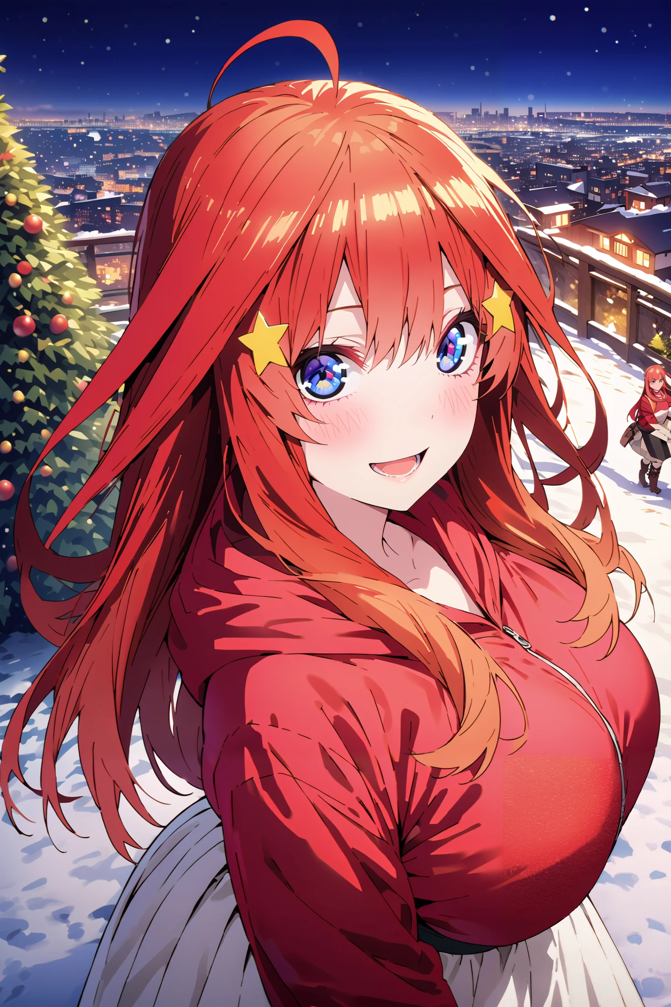 score_9, score_8_up, score_7_up, source_anime, Nakano Mizuki , long hair, blue eyes, hair ornament, red hair, long hair,stupid hair, star ( symbol ), star hair ornament, Big Breasts,smile,cover,opens her mouth, red oversized hoodie , white long skirt,boots,Snow standing in front of a Christmas tree,winter,Beautiful snow scene,cityscape,illumination, white Christmas ,full bodyがillustrationsに入るように,break outdoors,garden,
break looking at viewer,full body,
break (masterpiece:1.2), top quality, high resolution, Unity 8k 壁紙, (illustrations:0.8), (beautiful detailed eyes:1.6), very detailed face, so that it fits into the illustration, extremely detailed CG,full body写真, (Perfect Hand, perfect anatomy),