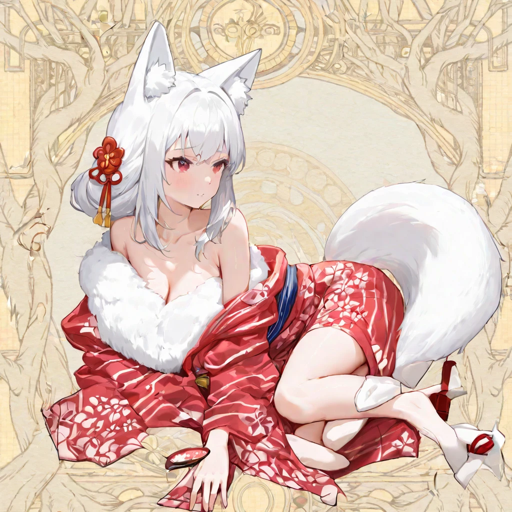 a sexy milf, has very long white hair, breasts, showing cleavage, has fox ears, wearing sakura kimono, in a gypsy tent, reading a crystal ball and surrounded by tarot cards, surrounded by candles, mystical, showing legs, sitting on cloth laden stool, has a table in front of her, has a fox tail