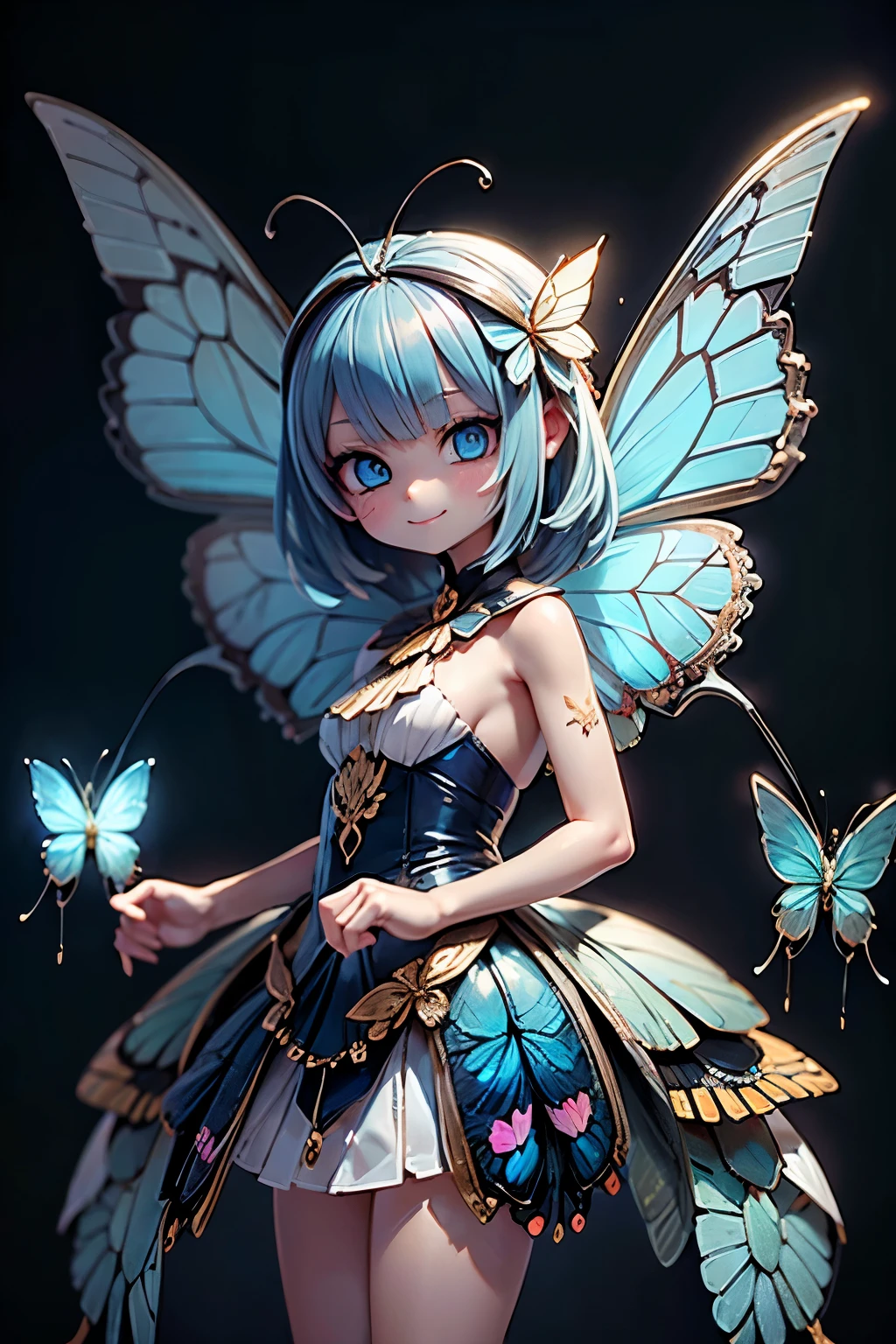 solo, female 1 person\(cute, cute,small ,Skin color is white,Light Blue Shortcut Hair,(smiling at the flag:1.2),(Big Morpho Butterfly Feather Hair:1.7),hologram colored dress\(  beautiful race  \),(Hologram Blue Eyes:1.5),(Two butterfly antennae on the hair:1.2),big cute smile,[ butterfly wings on the back  :2.0],[Butterfly wings on the body:2.0],[Butterfly Wings:2.0],[surplus arms],Butterfly Wingsは毛の部分にのみある\),(the background is a starry sky and blue moon:1.2),\( Dapple Sunlight ,  beautiful forest,\),quality\(8k,Very Well DetailedCGユニットのwallpaper, masterpiece,high resolution,top-quality,top-quality real texture skin,Surrealism,increase resolution,RAW photo,最高のquality,Very Well Detailed,wallpaper,  movie light,  Raytrace  ,  golden ratio,\),close-up face