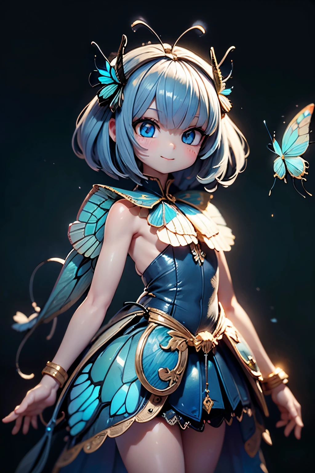 solo, female 1 person\(cute, cute,small ,Skin color is white,Light Blue Shortcut Hair,(smiling at the flag:1.2),(Big Morpho Butterfly Feather Hair:1.7),hologram colored dress\(  beautiful race  \),(Hologram Blue Eyes:1.5),(Two butterfly antennae on the hair:1.2),big cute smile,[ butterfly wings on the back  :2.0],[Butterfly wings on the body:2.0],[Butterfly Wings:2.0],[surplus arms],Butterfly Wingsは毛の部分にのみある\),(the background is a starry sky and blue moon:1.2),\( Dapple Sunlight ,  beautiful forest,\),quality\(8k,Very Well DetailedCGユニットのwallpaper, masterpiece,high resolution,top-quality,top-quality real texture skin,Surrealism,increase resolution,RAW photo,最高のquality,Very Well Detailed,wallpaper,  movie light,  Raytrace  ,  golden ratio,\),close-up face