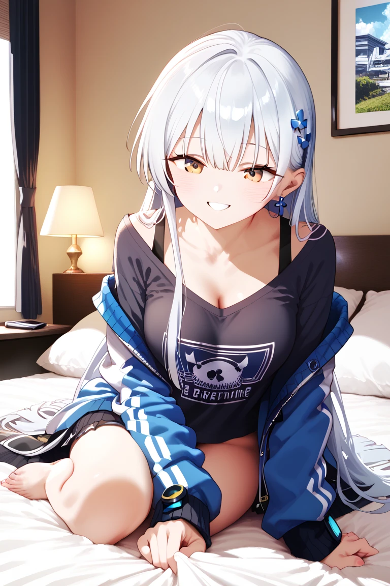 1 woman, fullbody, big t-shirts, white hair, blue eye, long hair, happy, smile, , dynamic angle, blue hairband, one-piece dress, bed room, hentai