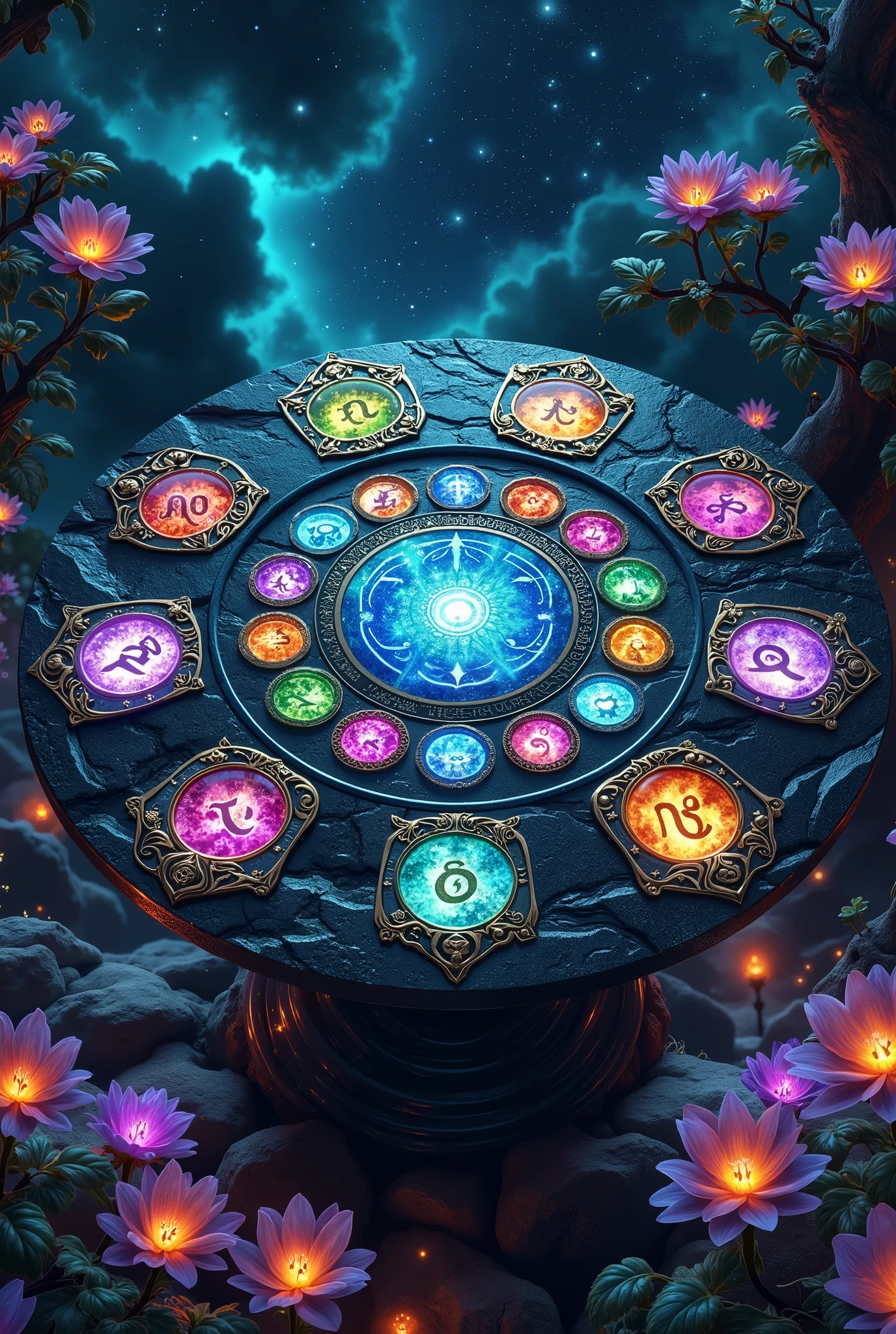 Rune table, made of polished black marble, on which multi-colored runes burn, each one is like an inlaid tile of translucent colored marble with deeply engraved runic symbols. Night sky , dotted with bright stars, reflected in the polished surface of the table, creating shimmering highlights. Starlight – cold, blue and white, contrasts with warm light, emanating from the runes themselves: take, emerald , sapphire, topaz. Around the , like night fireflies, fantastic flowers with jade petals float and opal, radiating soft, moonglow. Composition – top view, slightly inclined, 8k resolution , focused on the table. The color palette is the deep blues and purples of the night sky, contrasting with bright, saturated colors of runes and flowers. Textures – perfectly smooth marble of the table, carved rune details, soft glow of flowers. Style – fantasy realism, with art nouveau elements. The atmosphere is mysterious, magical, full of calm and charm. high detail, definition, high-precision image, Masterpiece, Best quality.