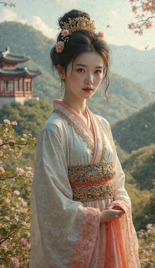 adolescent, It was Joseon Korea, Woman with green eyes, black hair Royal Palace beautiful white skin pregnant hair up, 16 years, mixed race with European 