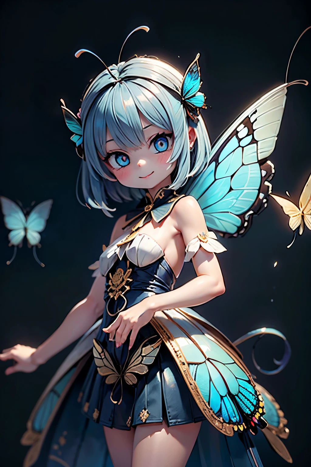 solo, female 1 person\(cute, cute,small ,Skin color is white,Light Blue Shortcut Hair,(smiling at the flag:1.2),(Big Morpho Butterfly Feather Hair:1.7),hologram colored dress\(  beautiful race  \),(Hologram Blue Eyes:1.5),(Two butterfly antennae on the hair:1.2),big cute smile,[ butterfly wings on the back  :2.0],[Butterfly wings on the body:2.0],[Butterfly Wings:2.0],[surplus arms],Butterfly Wingsは毛の部分にのみある\),background\( Dapple Sunlight ,  beautiful forest,\),quality\(8k,Very Well DetailedCGユニットのwallpaper, masterpiece,high resolution,top-quality,top-quality real texture skin,Surrealism,increase resolution,RAW photo,最高のquality,Very Well Detailed,wallpaper,  movie light,  Raytrace  ,  golden ratio,\),close-up face